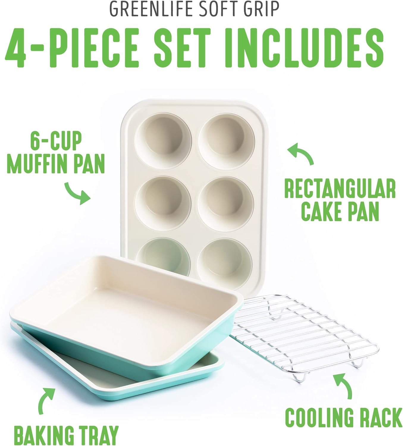 Greenlife Bakeware Healthy Ceramic Nonstick, 4 Piece Toaster Oven Baking Set with Cookie Sheet Muffin and Cake Pan, Pfas-Free, Turquoise image number 2