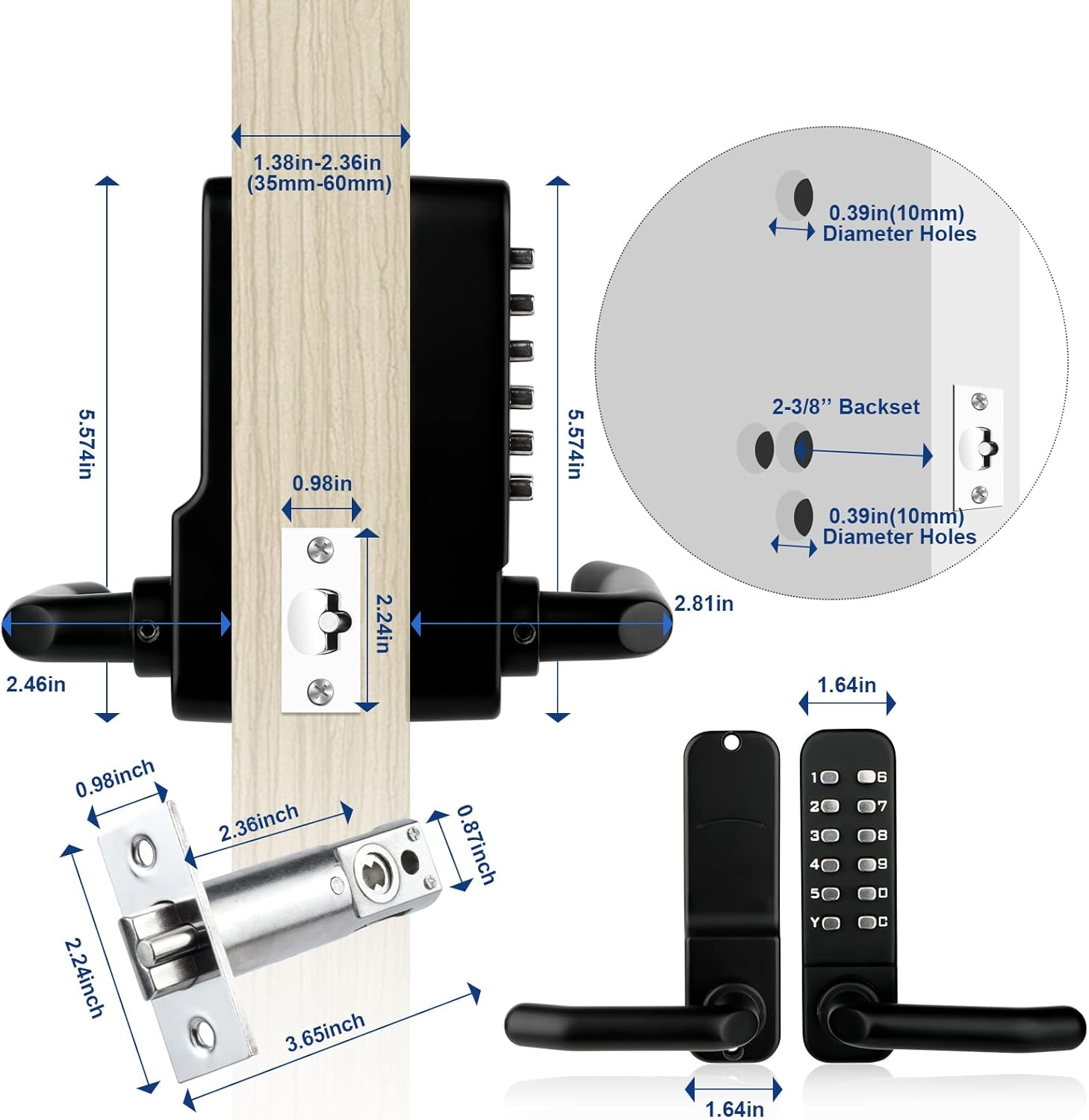 CODACE Mechanical Keyless Entry Door Lock with Keypad Door Knob, Waterproof Keypads Deadbolt Door Lock with Handle, Stainless Steel Digital Outdoor Gate Combination Door Locks Set with Keypads (Black) image number 6