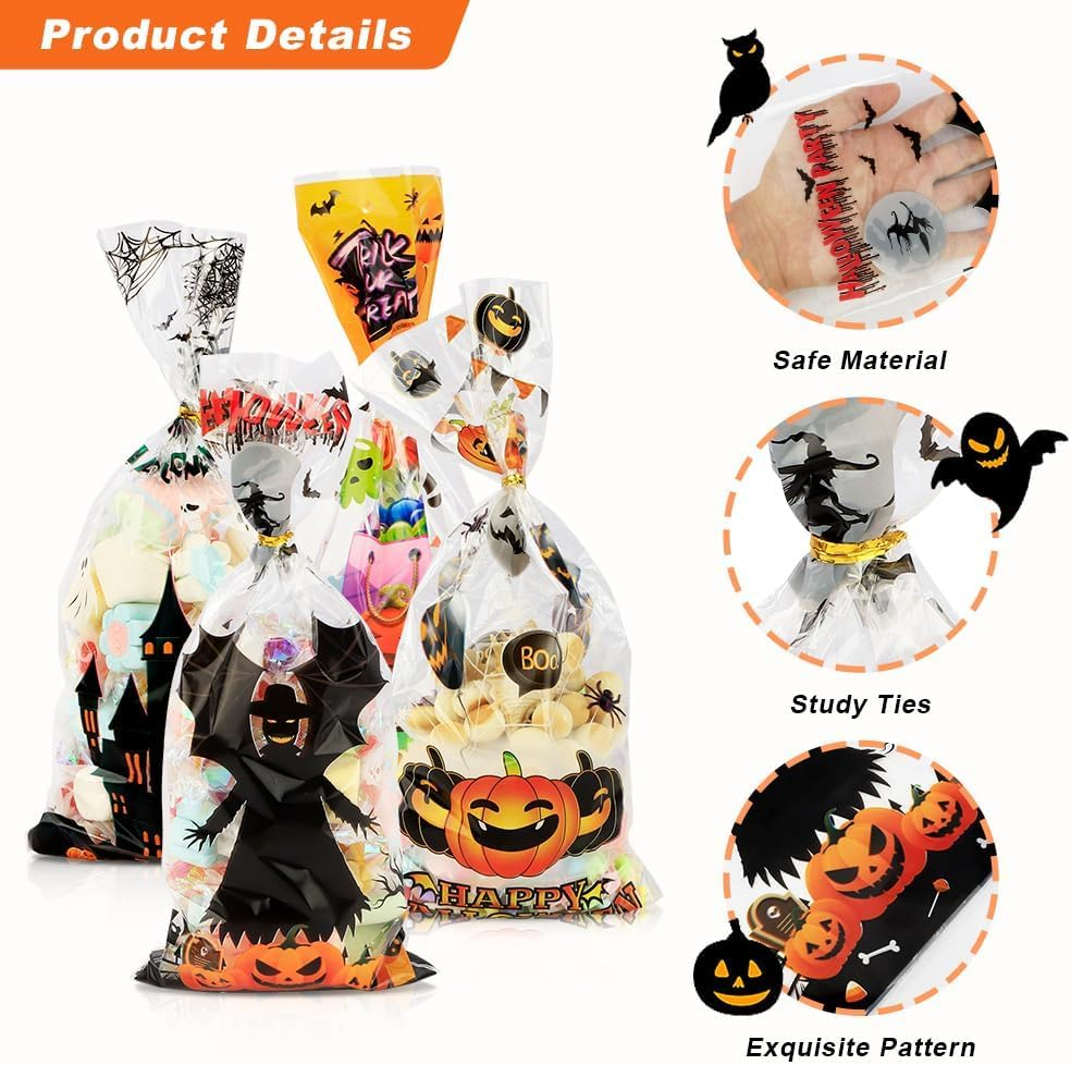Halloween Treat Bags Halloween Candy Bags Halloween Cellophane Treat Bags 200PCS Halloween Cello Cookies Goodie Gift Snacks Bags with Twists Tie for Halloween Trick or Treat Party Favors Supplies image number 2