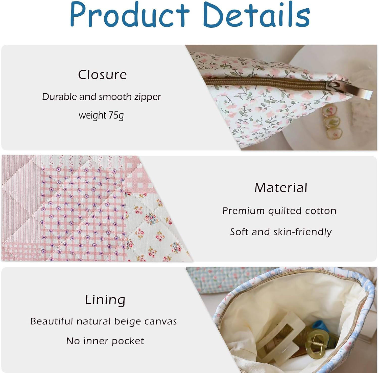 Uekeboag Quilted Floral Cotton Makeup Pouch,Coquette Quilted Cosmetic Bag for Women and Girls, Aesthetic Organizer Bag, Flower Cute Travel Toiletry Bags, Patchwork Pink, Vintage Chic image number 6