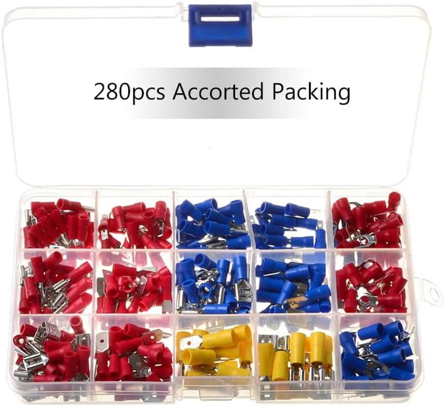 Reelau [280Pcs] Electrical Wire Crimp Terminals, Semi-Insulated Wire Connectors Assorted Lug Kit Solderless Butt Spade Terminals Ring and Fork Connectors Kit AWG 22-16 16-14 12-10, Red, Blue, Yellow