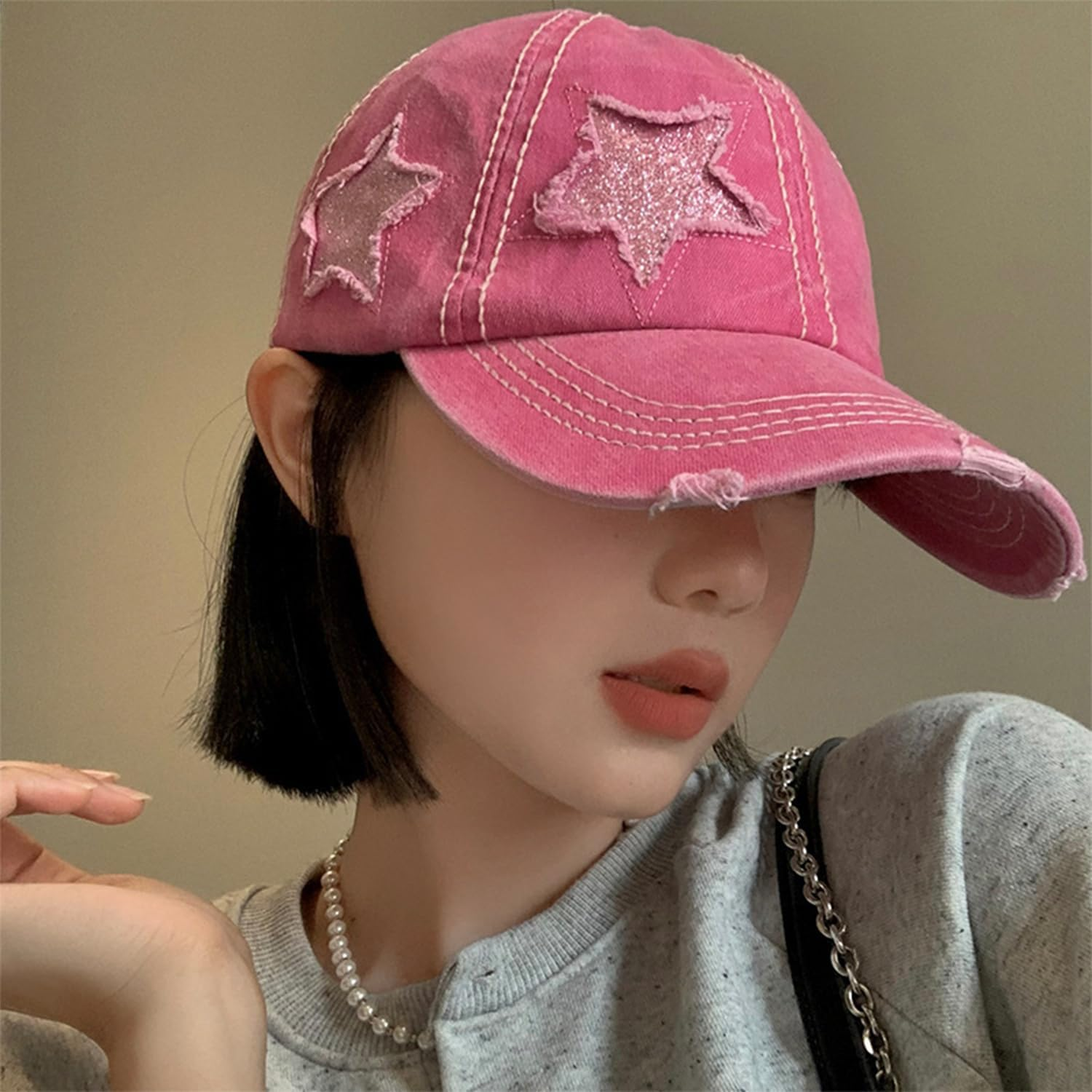Womens Ponytail Baseball Cap Vintage Style Baseball Cap Distressed Star Design image number 3
