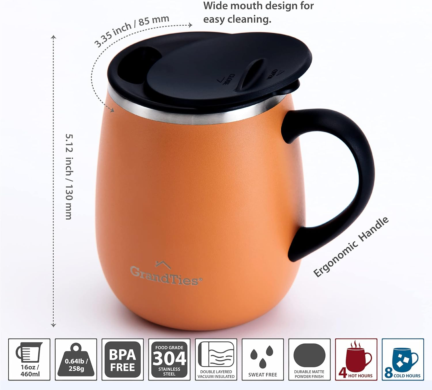 Grandties Insulated Coffee Mug with Handle - Sliding Lid for Splash-Proof 16 Oz Wine-Glass Shape Thermal Tumbler with Double Walled Vacuum Stainless Steel to Keeps Beverages Hot or Cold (Carrot) image number 3