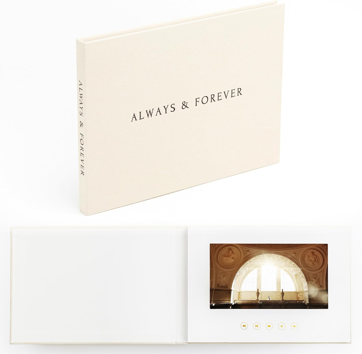 The Motion Books (ALWAYS & FOREVER - BLACK FOIL) | Luxury Linen Bound Video Book | Black Foil Letter Stamping | up to 3 Hours of Video, 7&rdquo; IPS Display, 4GB of Memory & Rechargeable Battery