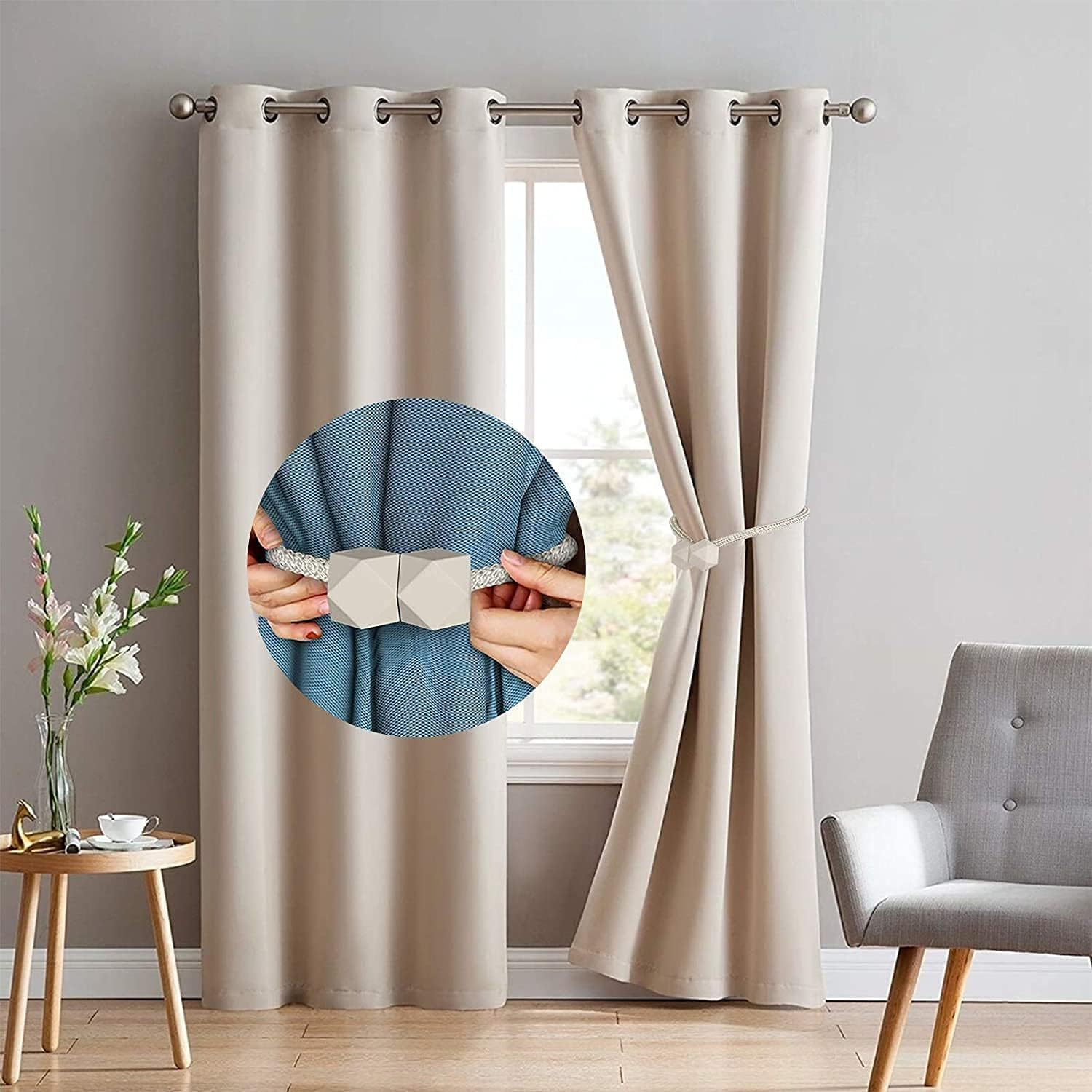 4 Packs Magnetic Curtain Tiebacks for Drapes, H HOME-MART Convenient Drape Tie Backs, Decorative Drape Magnetic Curtain Tie Backs Holdback Holder for Window Draperies,No Tools Required - Grey+Grey image number 3