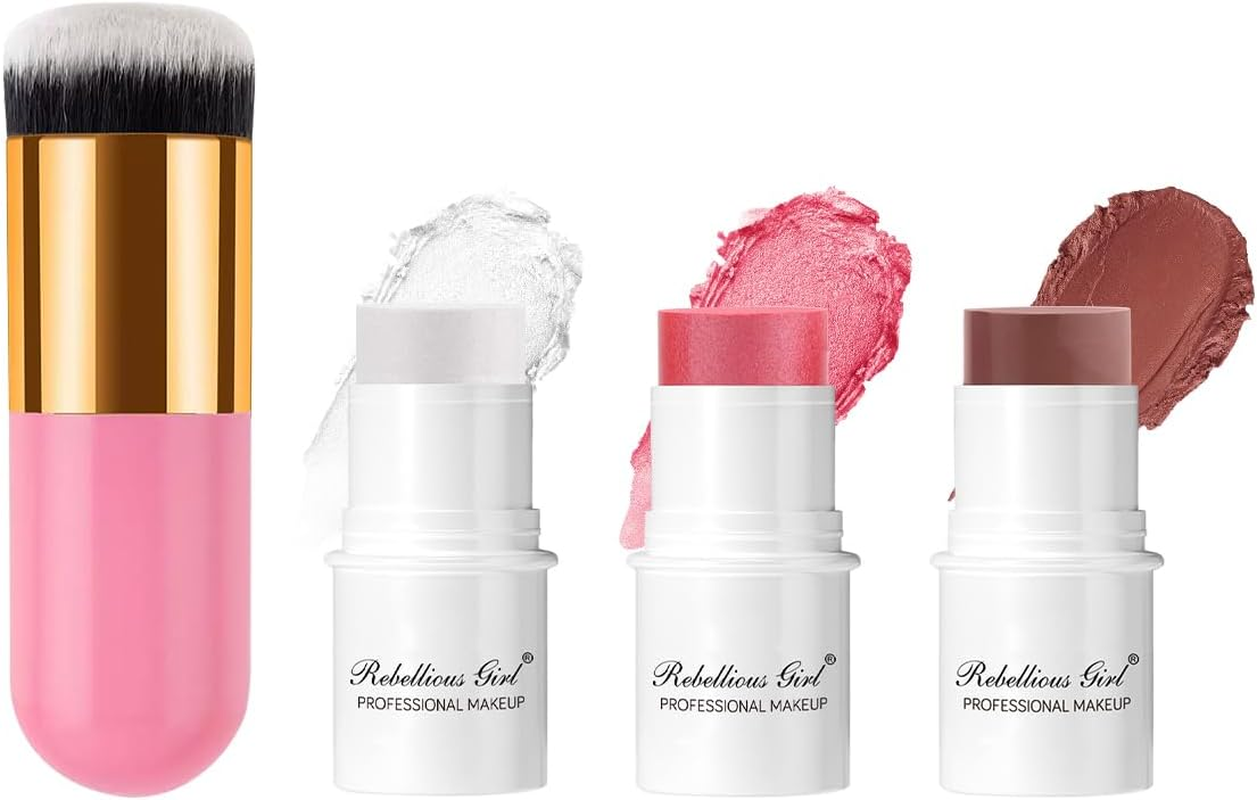 3 Colors Cream Blush Sticks, Contour Stick Makeup Kit for Cheeks, Non-Greasy, Matte Finsh, Long-Lasting, Face Makeup Contouring & Highlighter & Blush Sticks with Brush image number 6