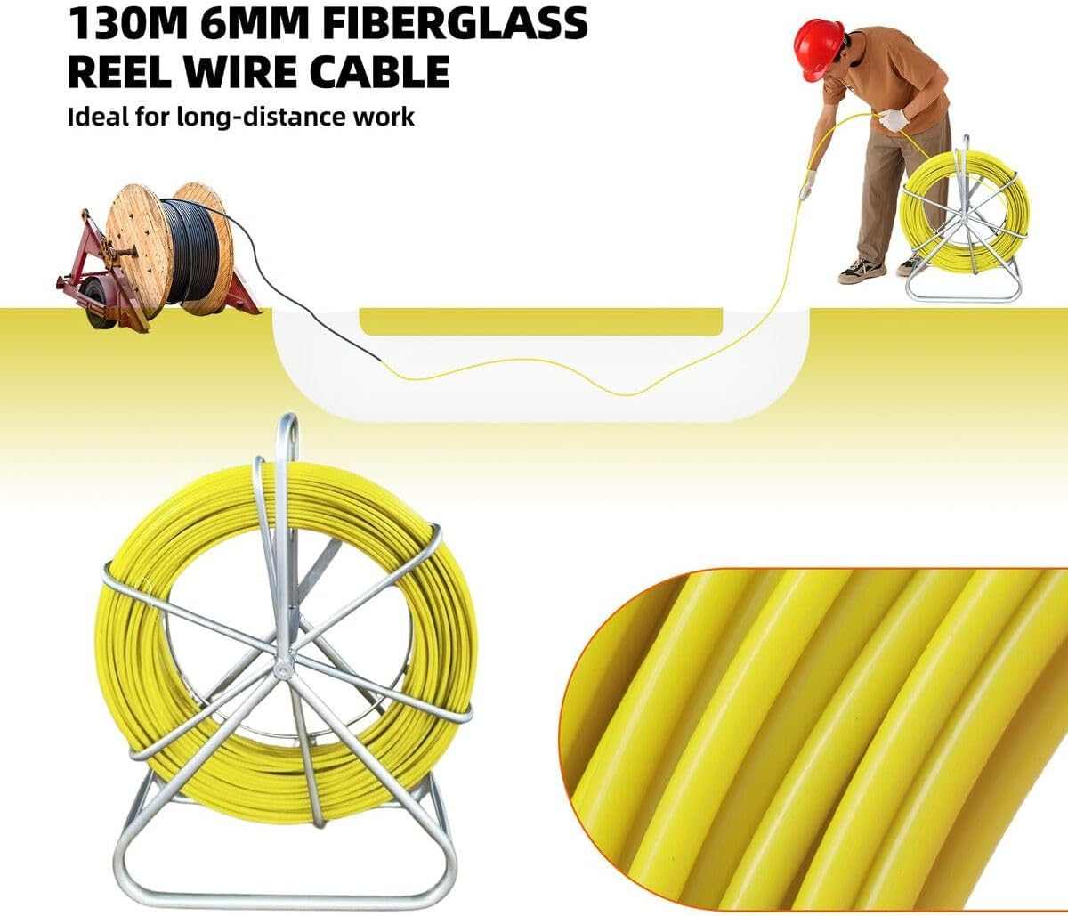 AUSWAY Fish Tape Puller Fibreglass 130Mx6Mm Wire Cable Running Duct Rodder Electrical Fishtape Pulling Rod NBN Tool Brake Portable Steel Reel Stand Sewer image number 5
