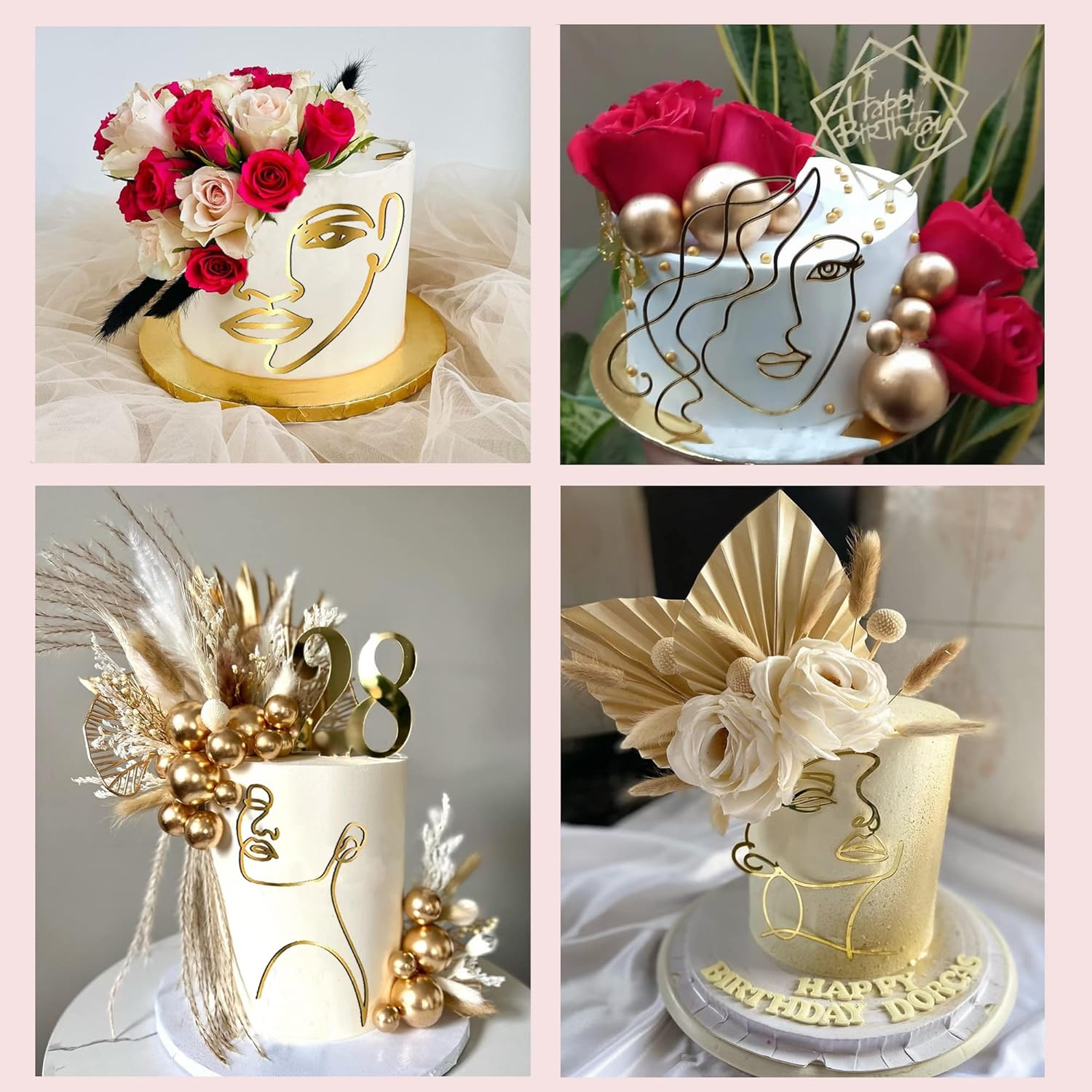 10 PCS Boho Cake Toppers Acrylic Minimalist Art Line Lady Face Cake Decorations for Wedding Bridal Shower Woman Girl Birthday Party Supplies (Gold) image number 1