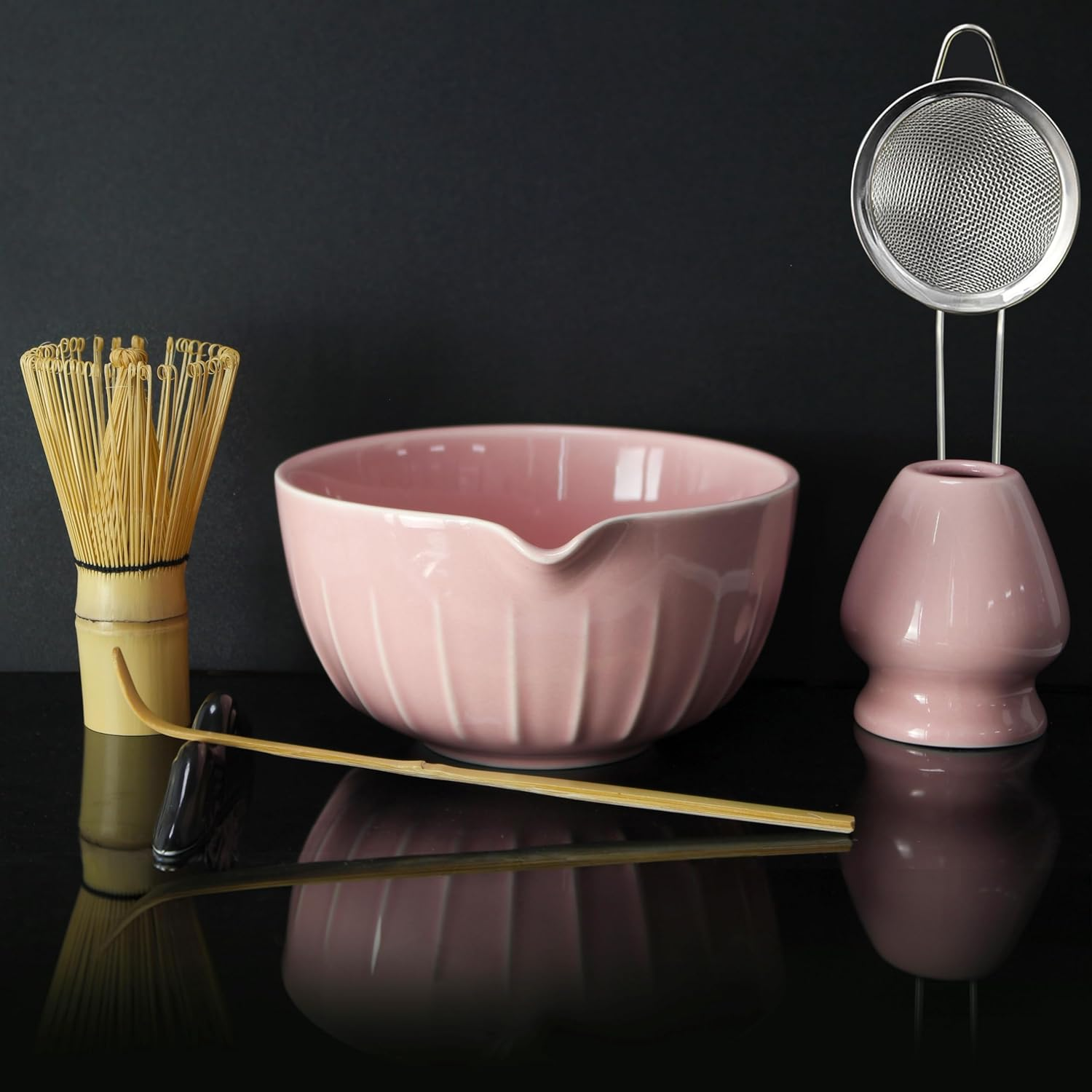 Traditional Japanese Matcha Tea Ceremony Set, 7-Piece Premium Ceramic Bowl and Bamboo Whisk Kit, with Scoop, Holder, Sifter, Rest, Tea Towel (Green)