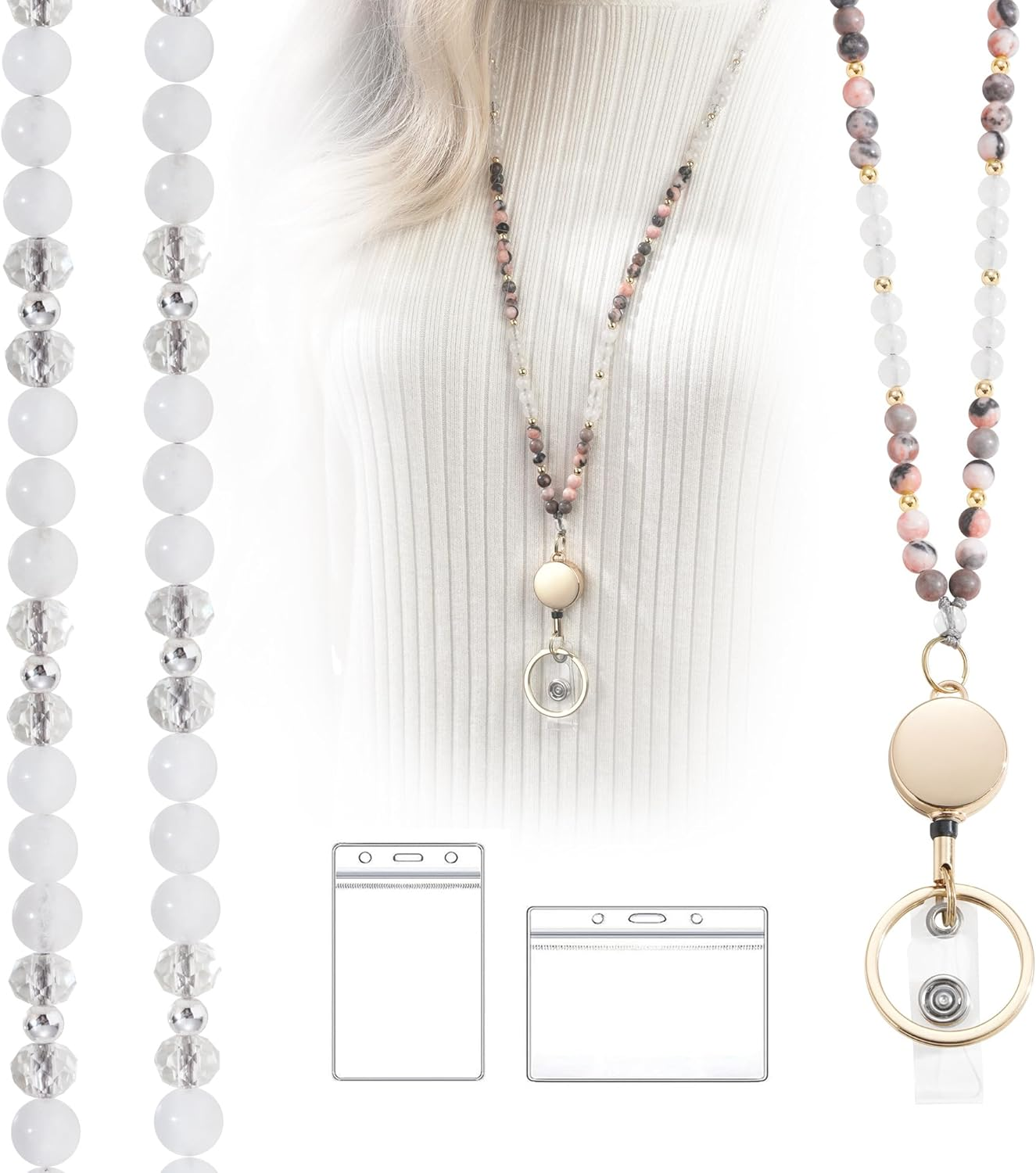 LENYNAL Lanyards for ID Badges and Keys, Natural Stone Retractable Lanyard Durable 3.0 Beaded Lanyard for Teacher Women