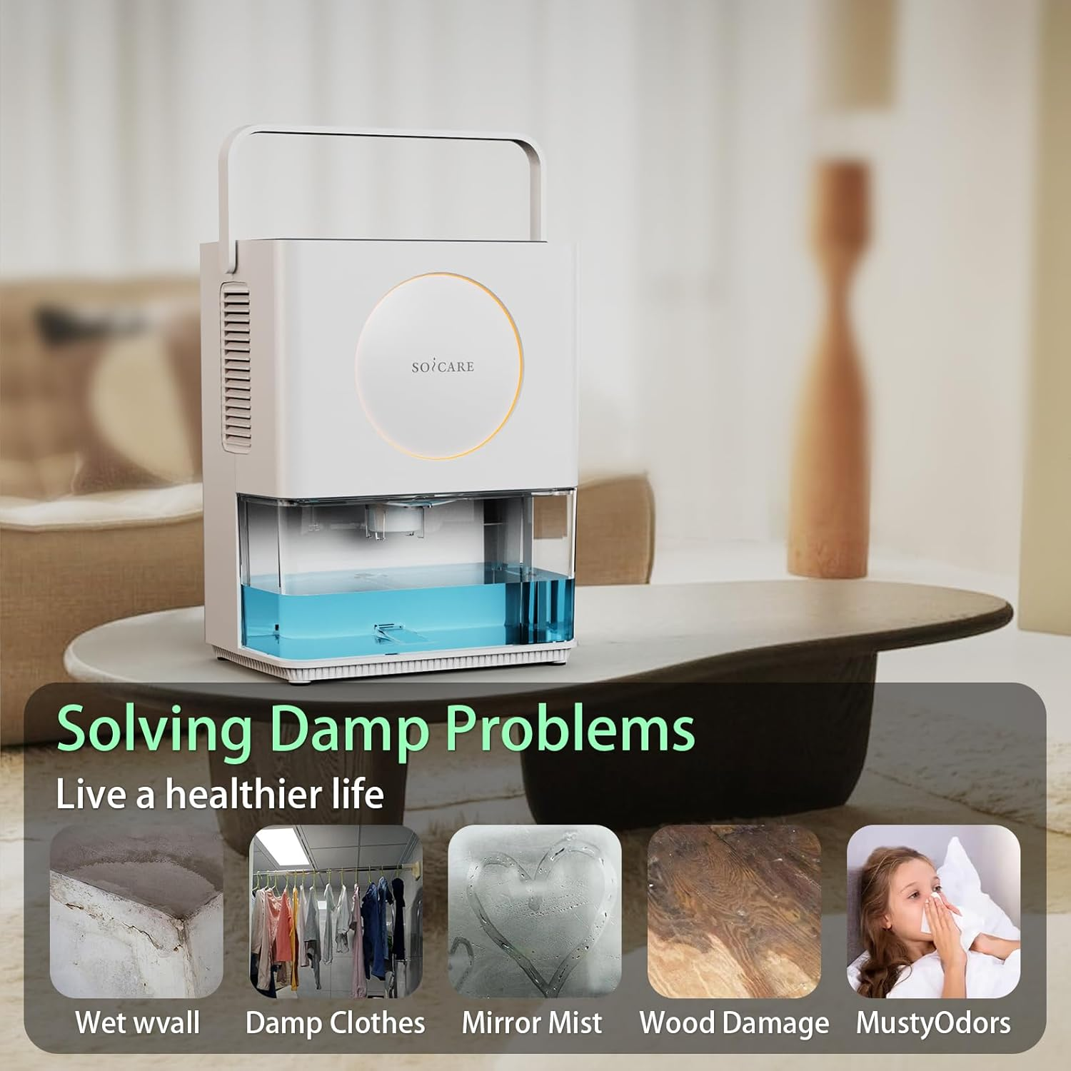 SOICARE 108 OZ (3.2L) Home Dehumidifier, Small Portable Room Dehumidifier for Bedroom Bathroom Basement RV Closet with HEPA Filter/Ambient Lights/Timer/Auto Off/Defrosting Function, White image number 2