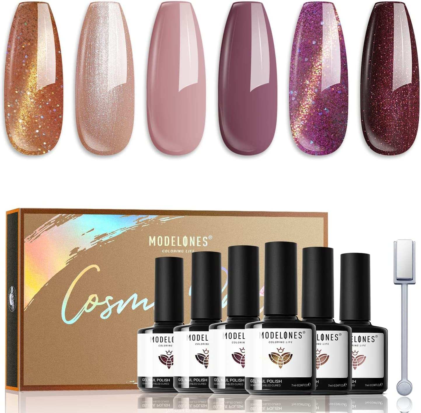 Modelones Cat Eye Gel Nail Polish Set 6 Colors, Glitter Nude Sparkle Dark Purple Gold Shiny Magnetic Effect Chrome Diamond Multifunction Home Manicure Kit Winter Special Gifts Annual Limited Edition image number 6