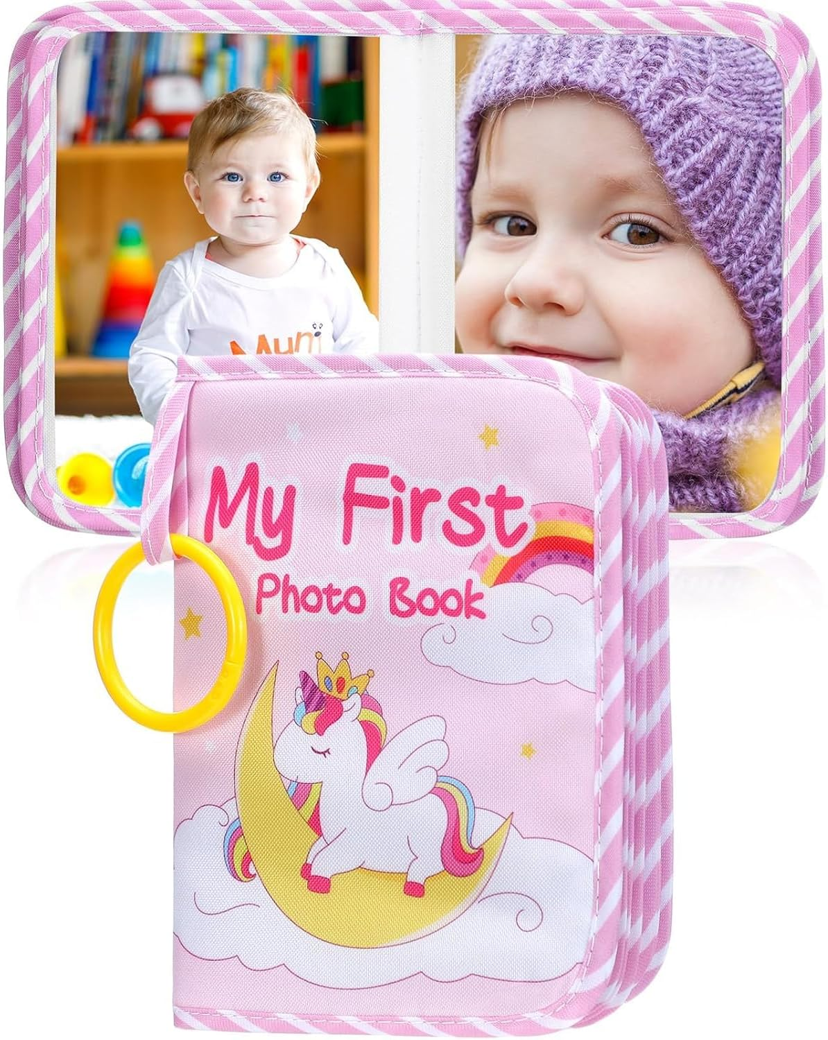 Baby Photo Album First Family Memory Book for Newborns, Toddlers Soft Photo Cloth Book with Mirror, Quality Gifts for Girls and Boys, 1St Birthday, Baby Shower (Green Dino)