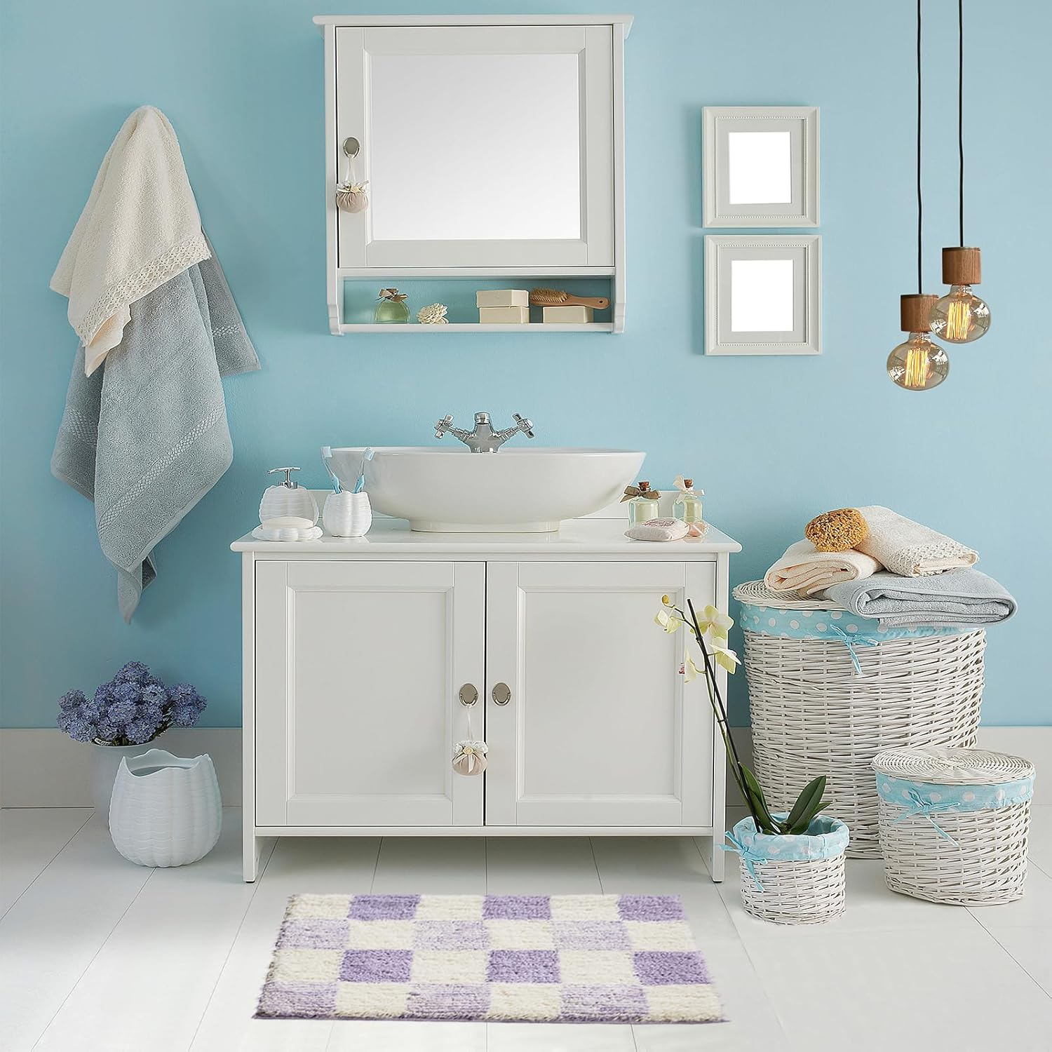 Cozecube Bath Mats for Bathroom Non Slip, Fluffy Absorbent Microfiber Bath Mat Washable, Aesthetic Bathroom Rugs, Small Purple Checkered Bath Mat, Lavender, 24" X 16" image number 6