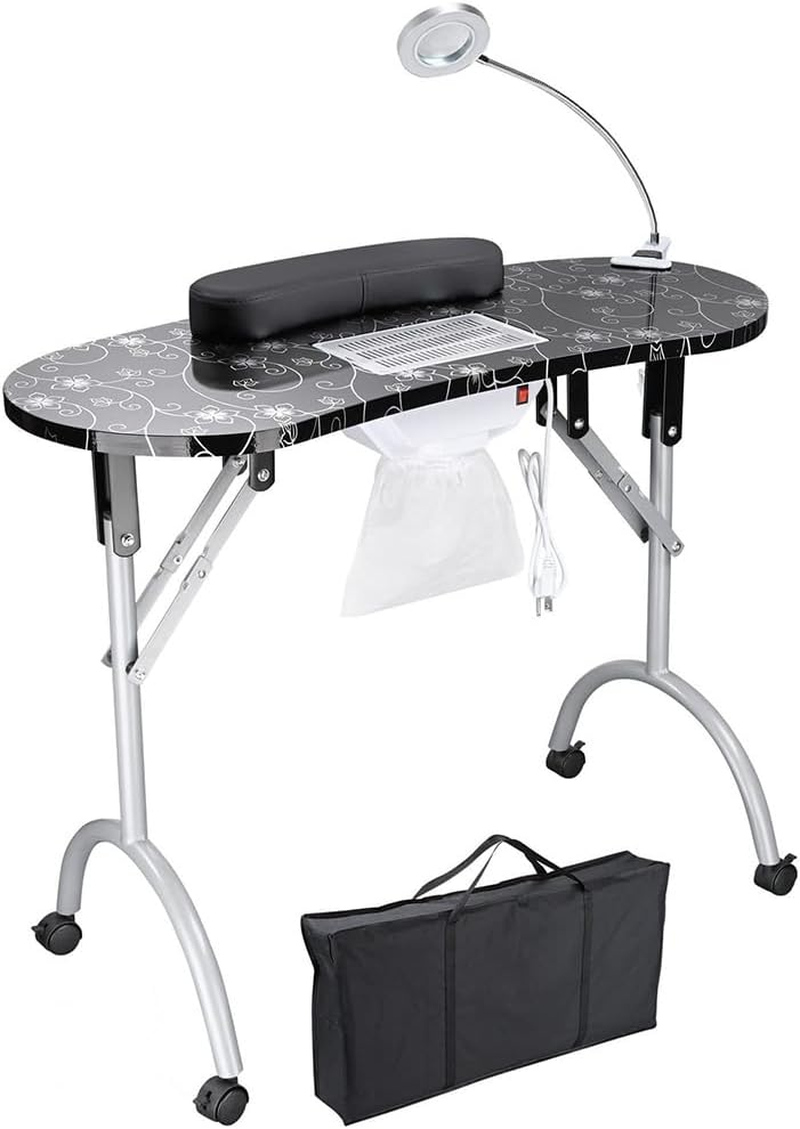 GUDAJIN Portable Manicure Table, Folding Table with Wheels, Beauty Manicure Workstation, Built-In Dust Collector, Nail Lamp, Sponge, Carrying Bag, Suitable for Nail Spa Beauty Salon (Pink)