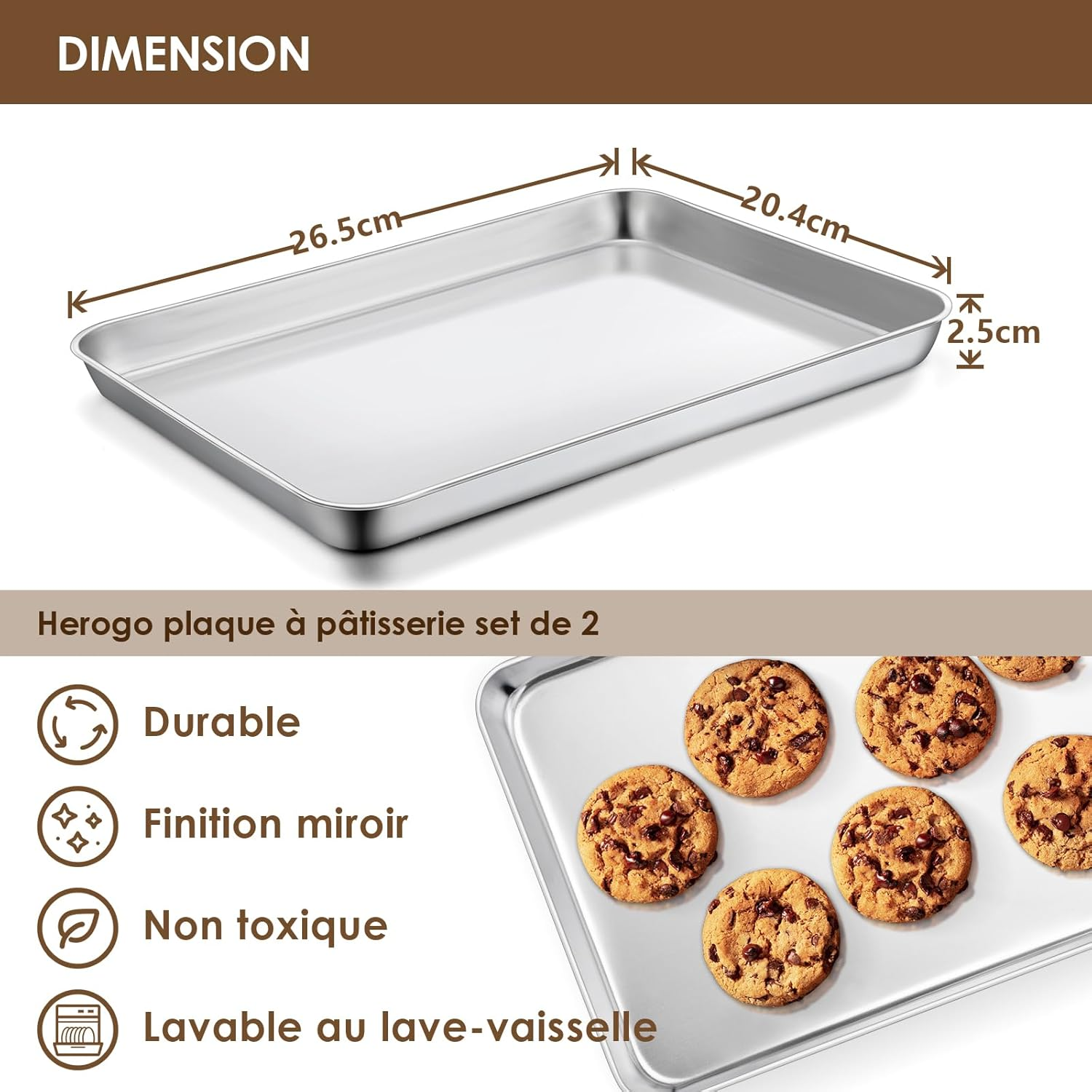 Herogo Set of 2 Stainless Steel Baking Tray (26 X 20 X 2.5 Cm), Rectangular Oven Tray, Cake Tray, Grease Pan for Baking, Cooking, Serving, Mirror Finish & Non-Toxic, Dishwasher Safe, Metal Silver image number 2