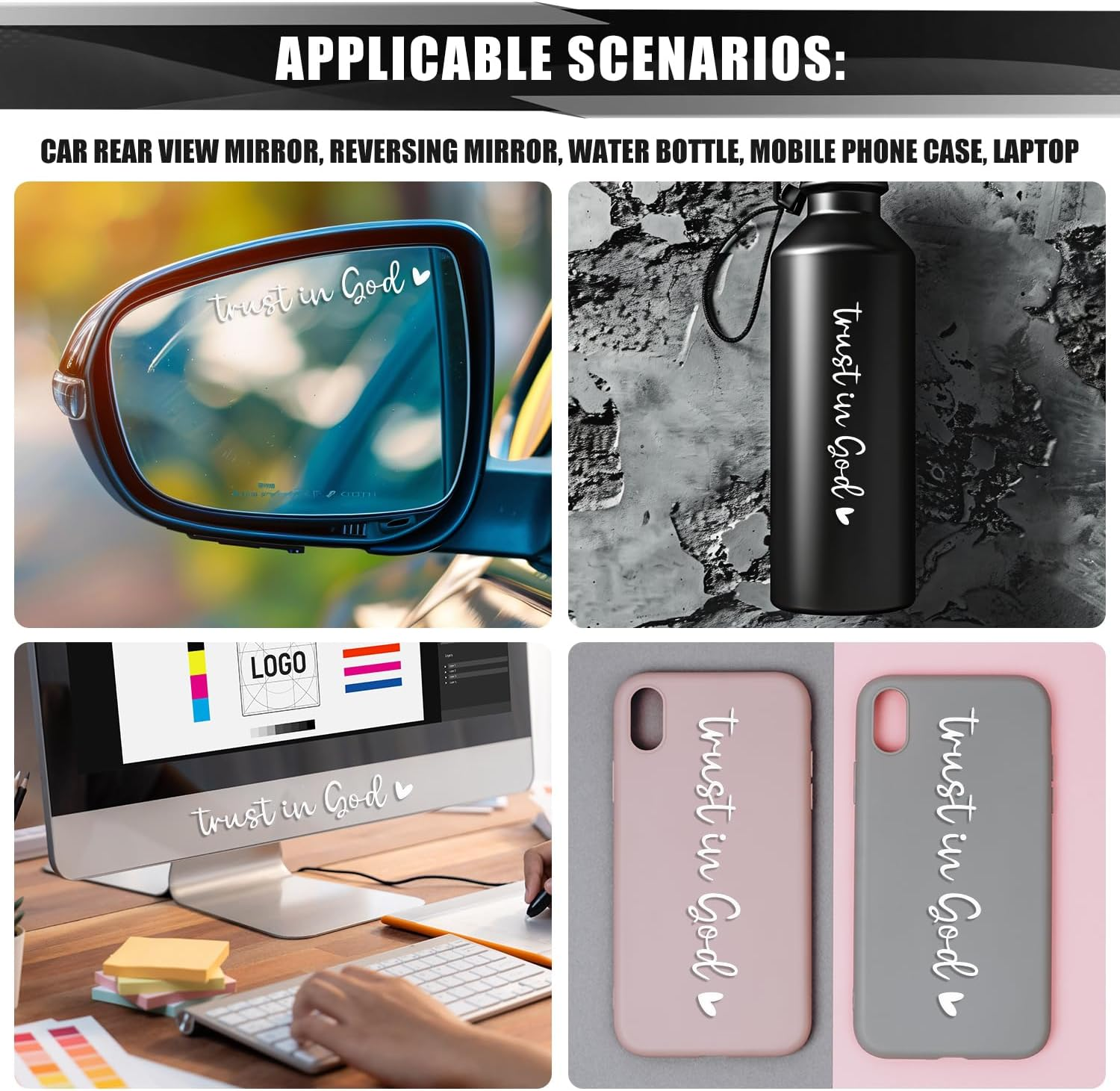 2Pcs Trust in God Rearview Mirror Decals, Vinyl Car Mirror Decal with Heart Car Mirror Stickers Car Mirror Quotes Decals Positive Car Sticker for Female Male Gift(White) image number 4