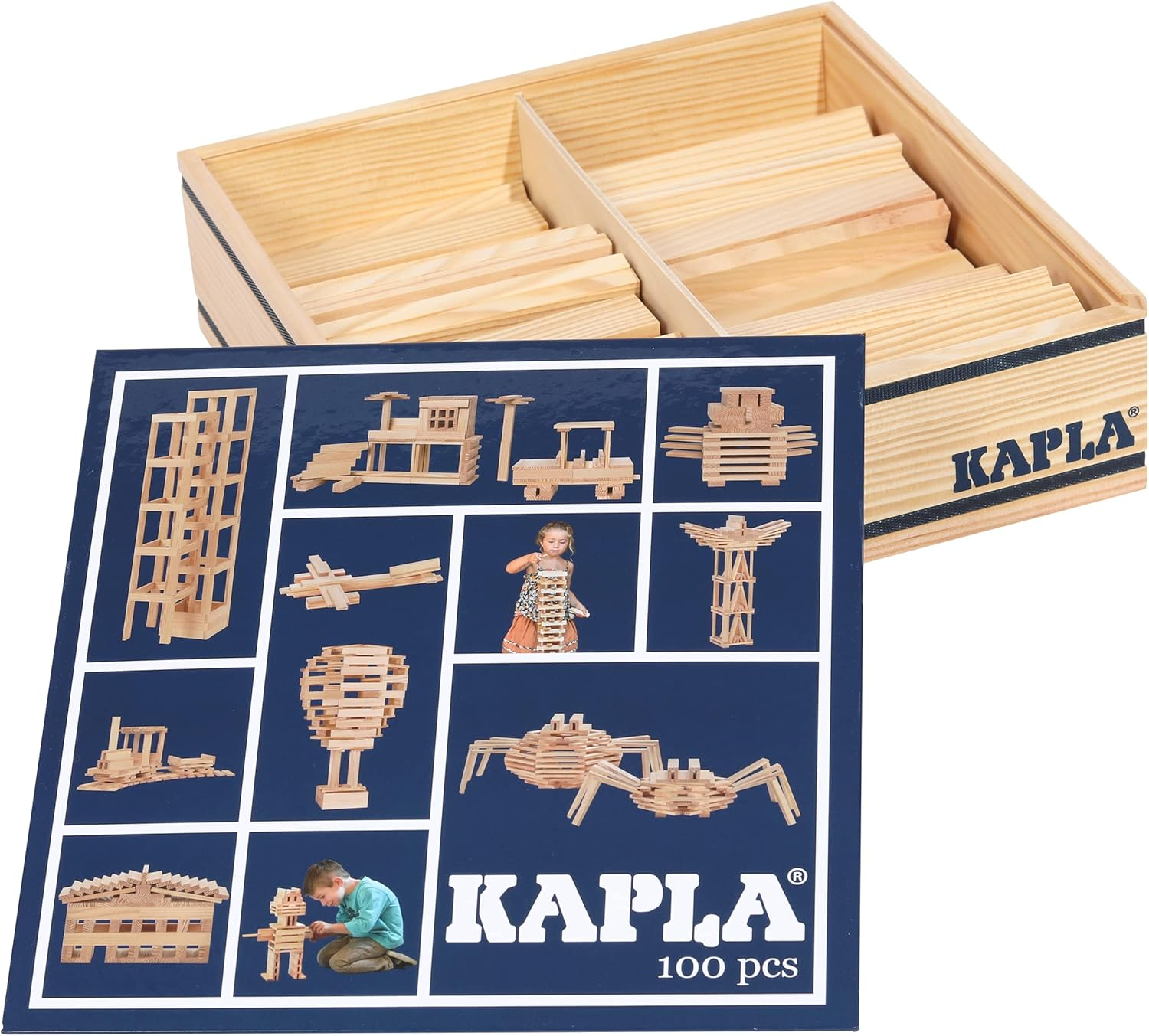 KAPLA 100 Blocks Natural Unfinished Wood Pine Planks with Storage Bin and Guide Book image number 6
