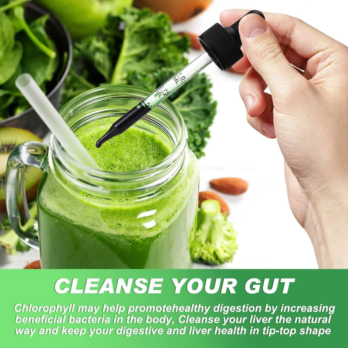 Liquid Chlorophyll Drops - 100% Support Natural Detox & Cleanse - Supports, Energy & Immunity - Internal Deodorant & Antioxidant - Highly Absorbable Vegan Formula - 60Ml image number 2