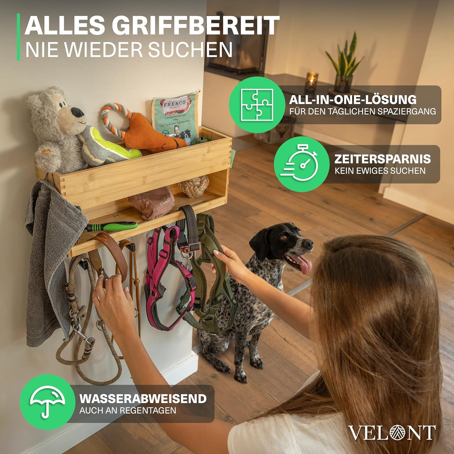 Velont XXL Dog Coat Rack with Shelf - Perfect Linen Parking Space - Environmentally Friendly Bamboo - Dog Station for Leads & Accessories - German Brand - Includes Waste Bag Dispenser, Free Mounting image number 5