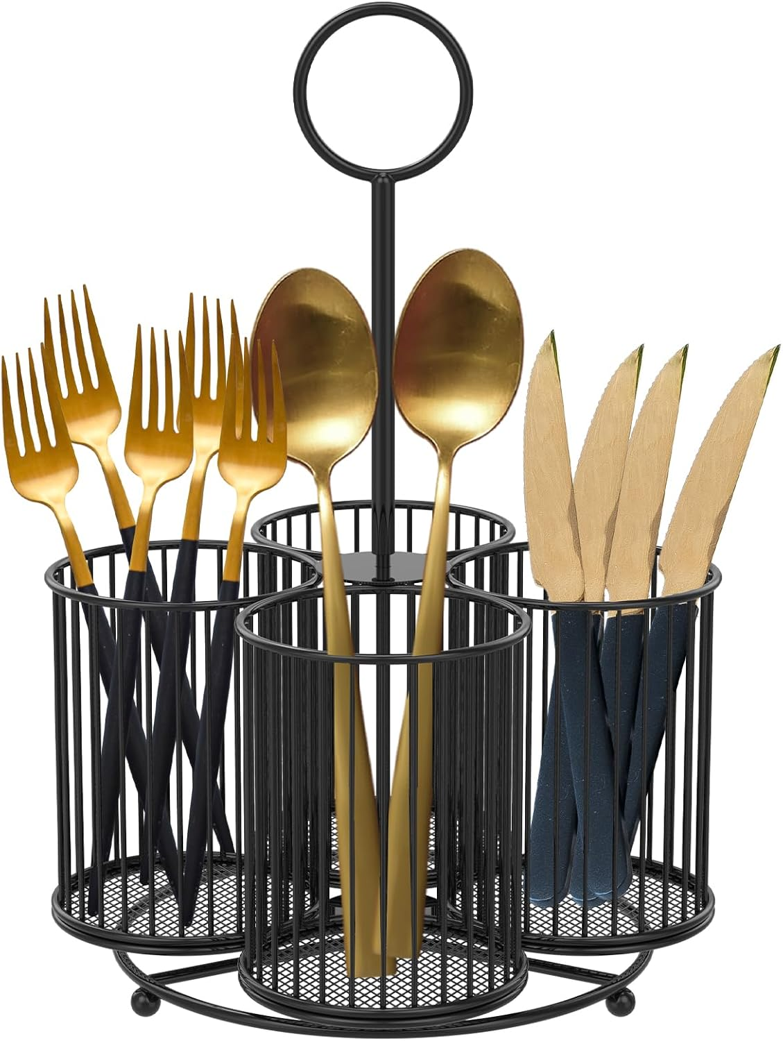 360&deg; Rotating Metal Utensil Caddy 4 Compartment Silverware Caddy Cutlery Caddy Fork Spoon Knife Utensil Organizer Multifunctional Utensil Holder for Parties Desk Organizer Caddy Pen Pencil Holder