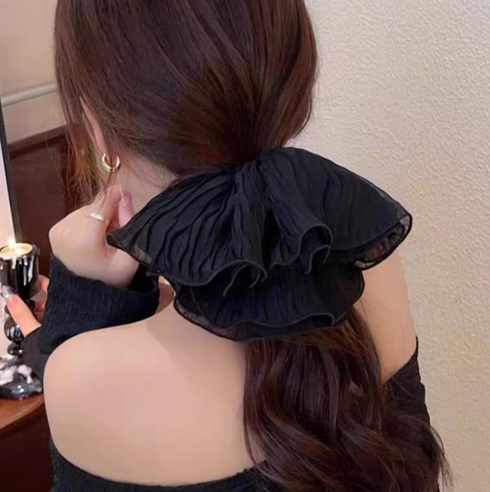 2 Pcs Large Jumbo Hair Scrunchies Oversized Scrunchies Hair Ties Hair Elastics Bands Ponytail Holders for Women Girls(Black and Beige) image number 6