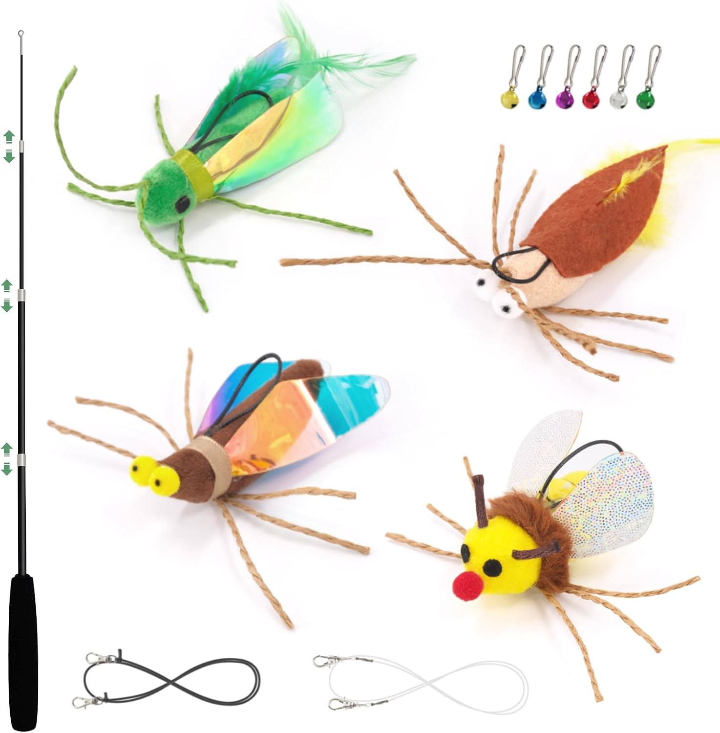 SONGWAY Cat Bug Toy Wand - Interactive Insect Cat Toys with Retractable Teaser Wand and 4 Pcs Bug Toy Feather Replacements for Cats Kittens