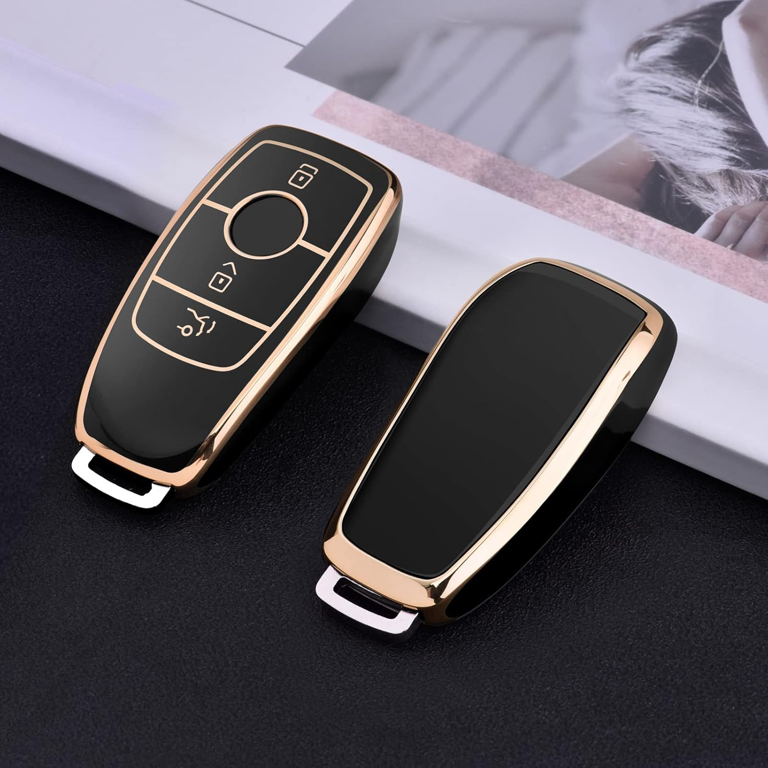 OATSBASF Key Cover for Mercedes,Car Key Protective Cover for Mercedes Benz E Class 2017 S 2018 Remote Fob Key (Golden Edge-Black) - Blue Stripes image number 2