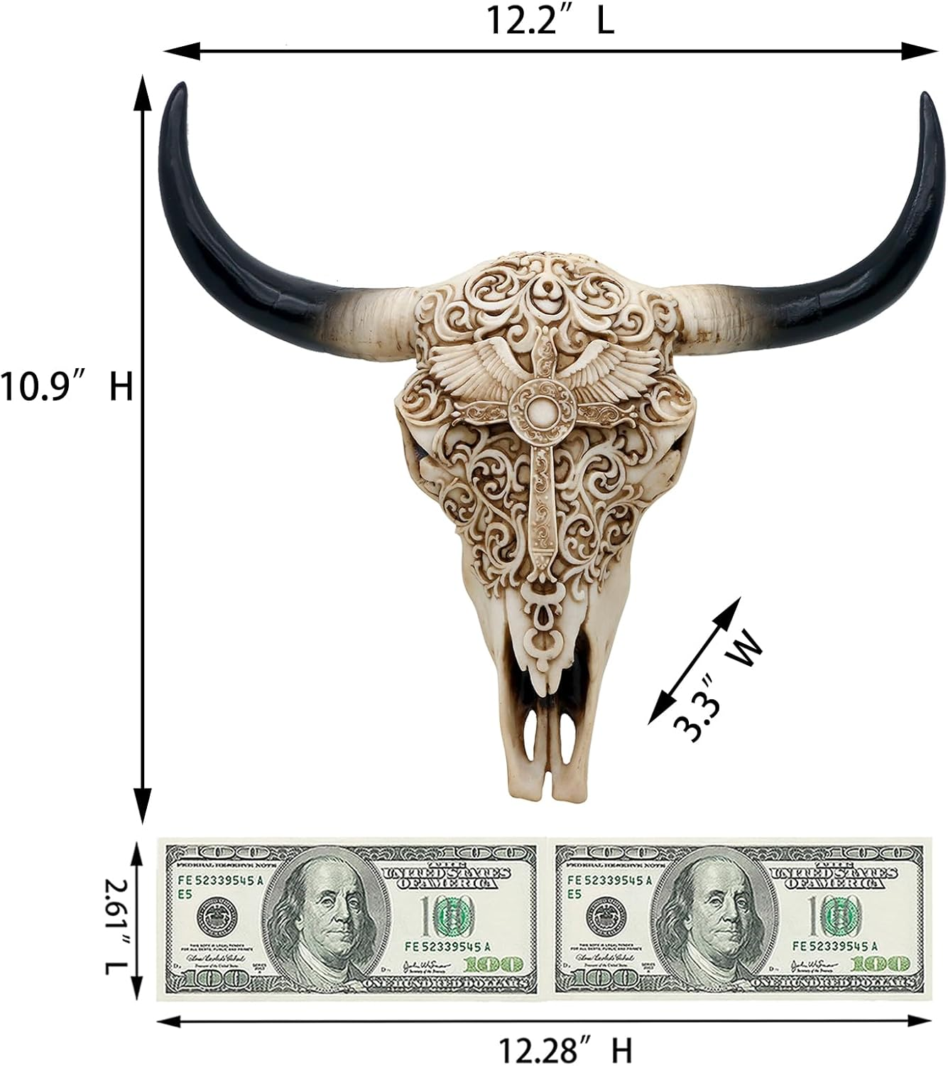 Western Cow Skull Wall-Decor - 12.2&rdquo;Long Realistic Animal Head Wall Hanging Art Boho Cross Steer Bison Buffalo Bull Cow Horned Skull Home Wall Decor image number 6