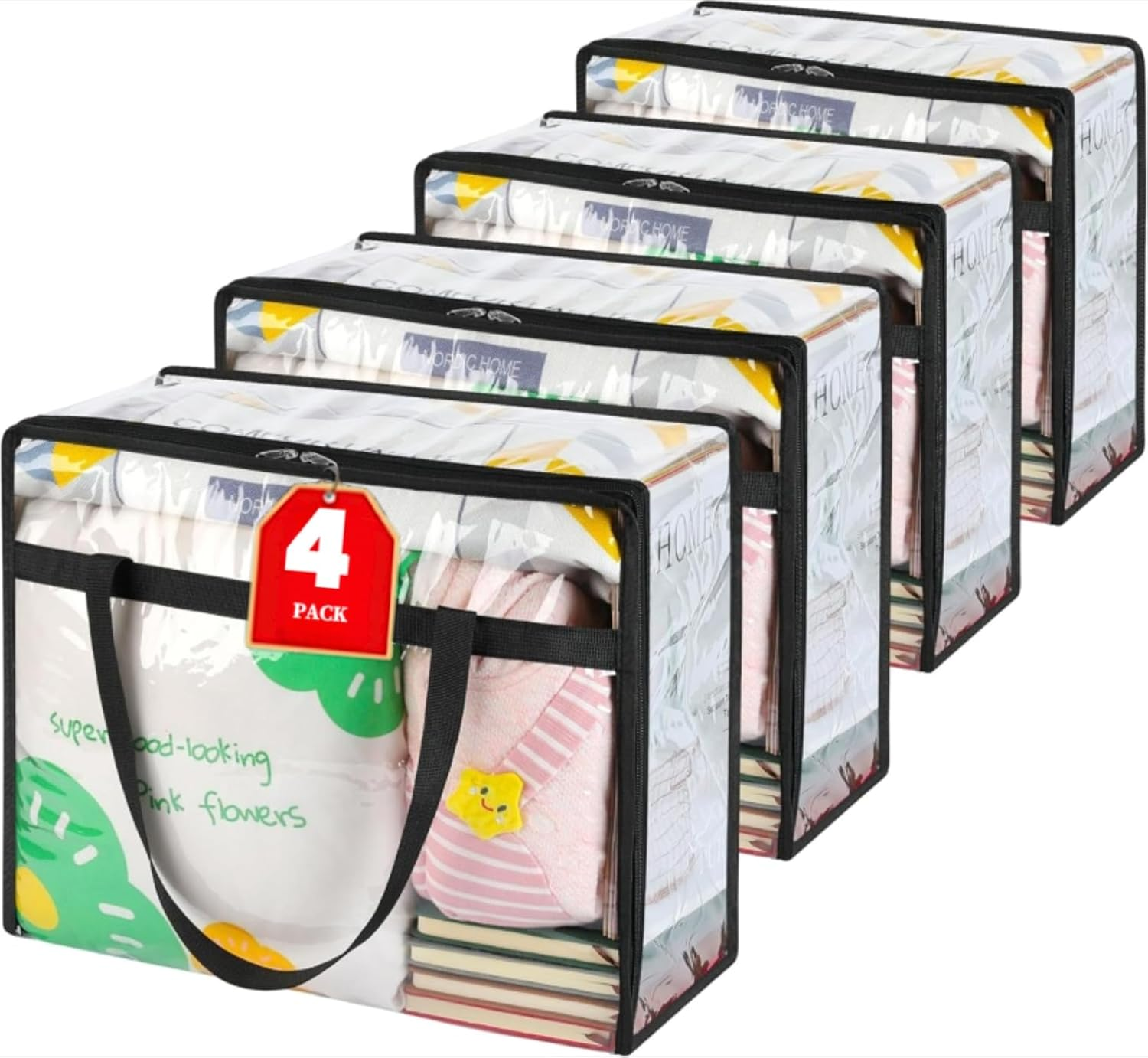 4 Pack Clear Plastic Clothes Storage Bags, 40L Blanket Storage Bag，Foldable Moving Bags with Zipper for Clothes, Reinforced Handle for Loft Wardrobe for Bedding, Comforters, Dolls