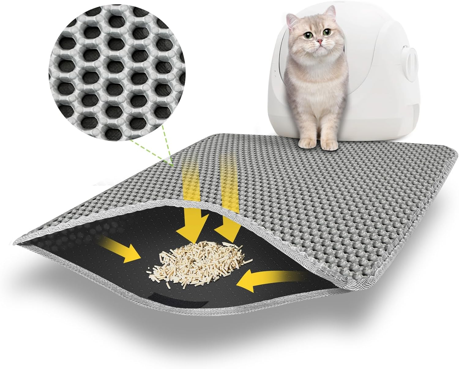 Cat Litter Tray Mat 75 X 55 Cm with Velcro Fastener and Large Hole Design, Cat Litter Mat, Double Waterproof and Non-Slip, Cat Litter Mat, Non-Toxic Material, Cat Litter Mat, Grey image number 4