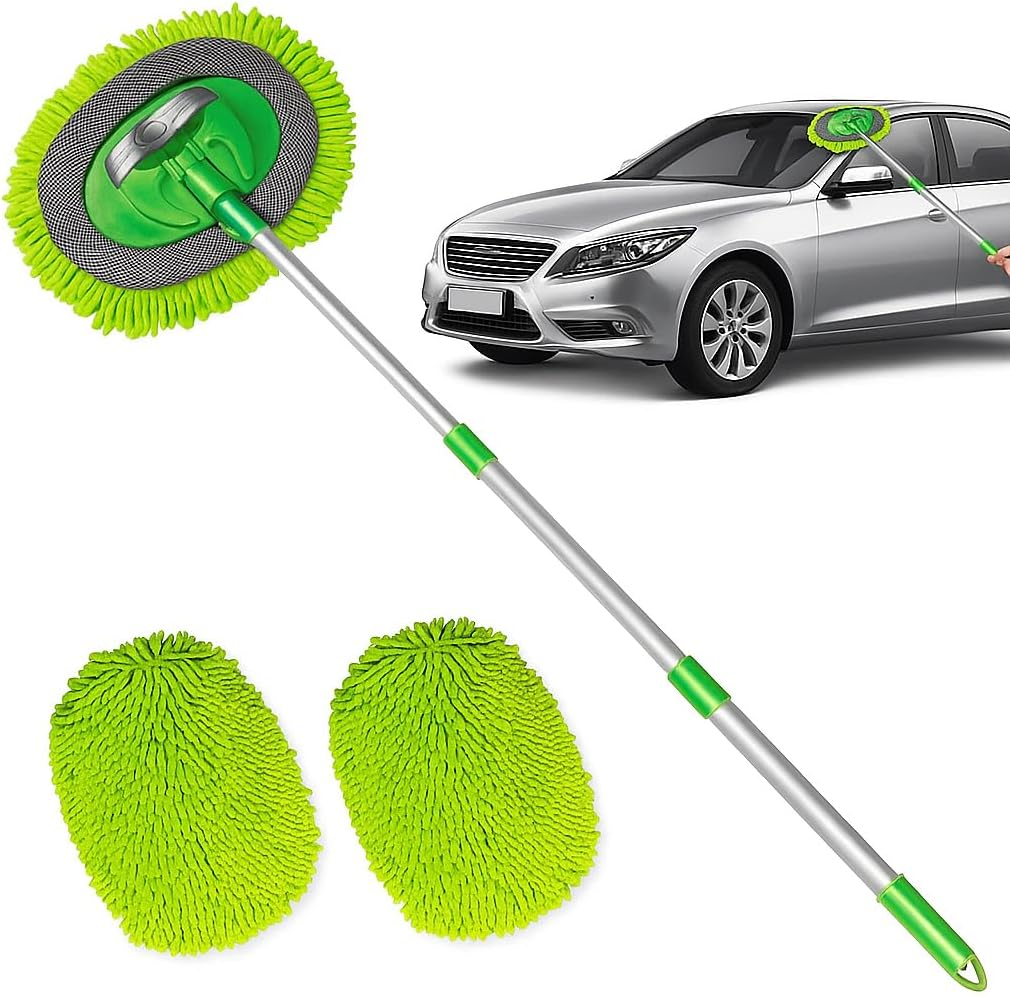 Car Wash Brush Kit with Long Handle, Extendable Long Handle Car Cleaning Brush, Extendable Pole Lengths 60-118Cm, Microfibre Mop with 2 X Scratch Free Mop Heads