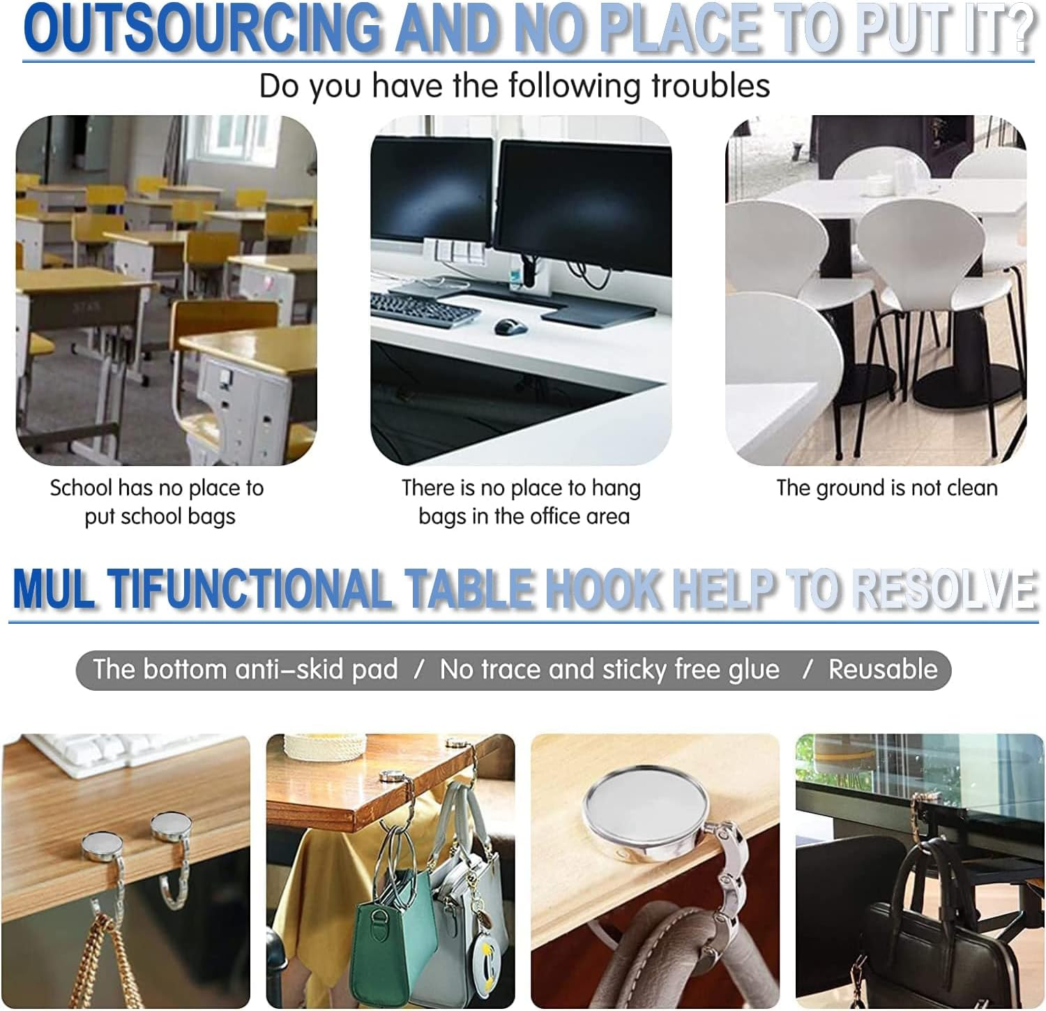 BEANPRECOY 4 Pcs Portable Handbag Hooks for Tables Zinc Alloy Metal Hook Long Handbag Hanger Storage Table Hook Non-Slip Folding Purse Hangers Table Bag Hook Holders for Restaurant Bar and Office image number 6