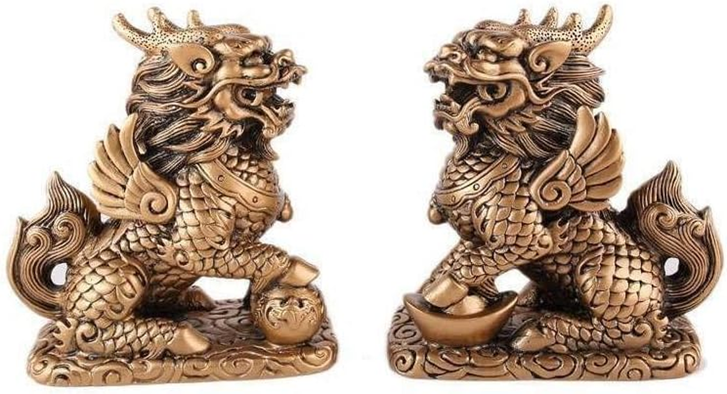 Lachineuse - Qilin Couple Figurine Feng Shui Chi Linen - Negative Energy Protection Symbol - Office Home - Chinese Decoration Asian Qi Linen - 12.5 X 11 X 6 Cm - Gold image number 3