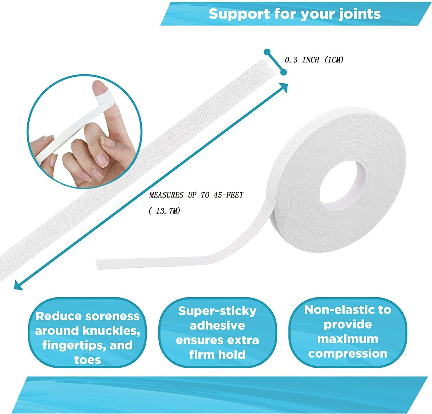 Athletic Finger Tape, Strong Athletic Tape for Grappling, Brazilian Jiu Jitsu (BJJ), Judo, Rock Climbing,Bouldering, Crossfit and Martial Artsand MMA, 0.3 in X 45 Feet, 10 Rolls per Pack (White) image number 2