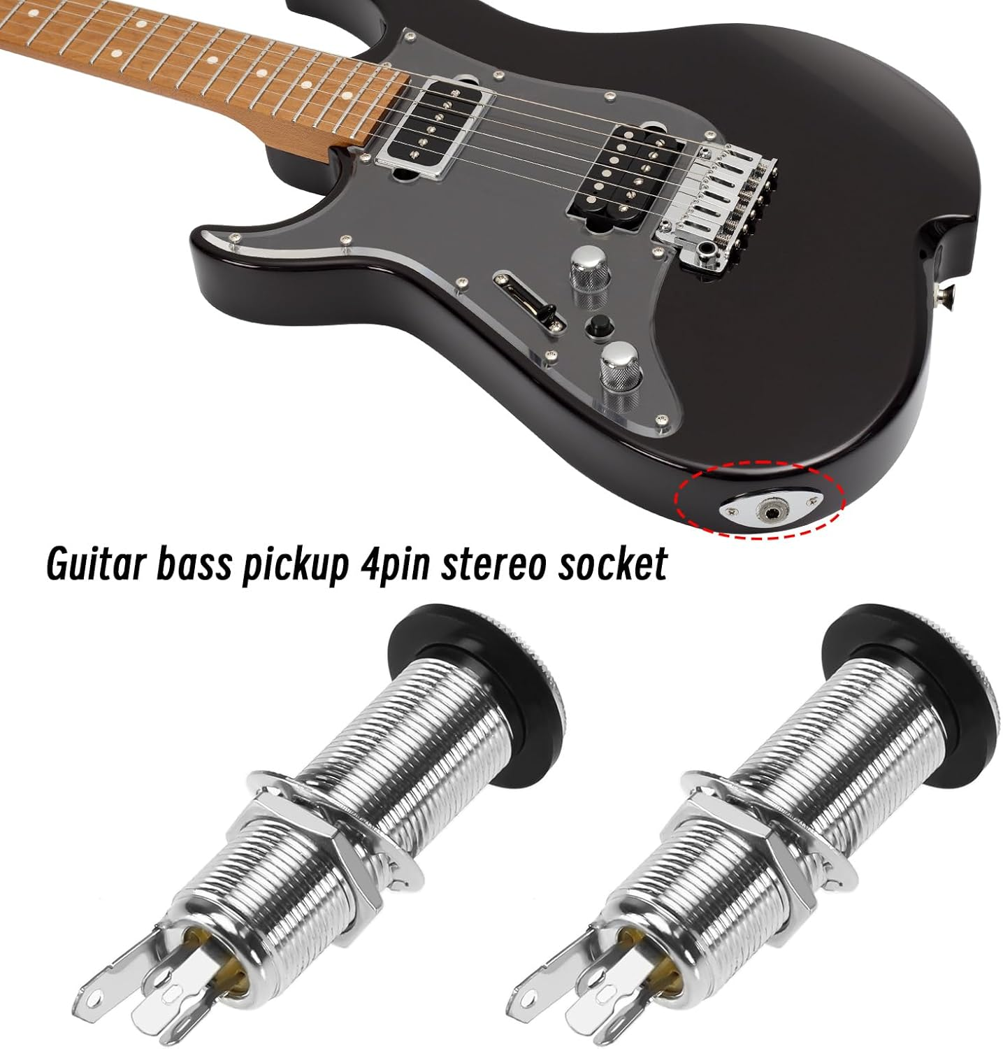 Ecsing 2Pcs 6.35Mm Stereo Barrel Jack Socket with 4 Pin Guitar Bass 1/4" Barrel Jack Cylinder Input Output Jacks Guitar Accessories Copper Silver - Black image number 5