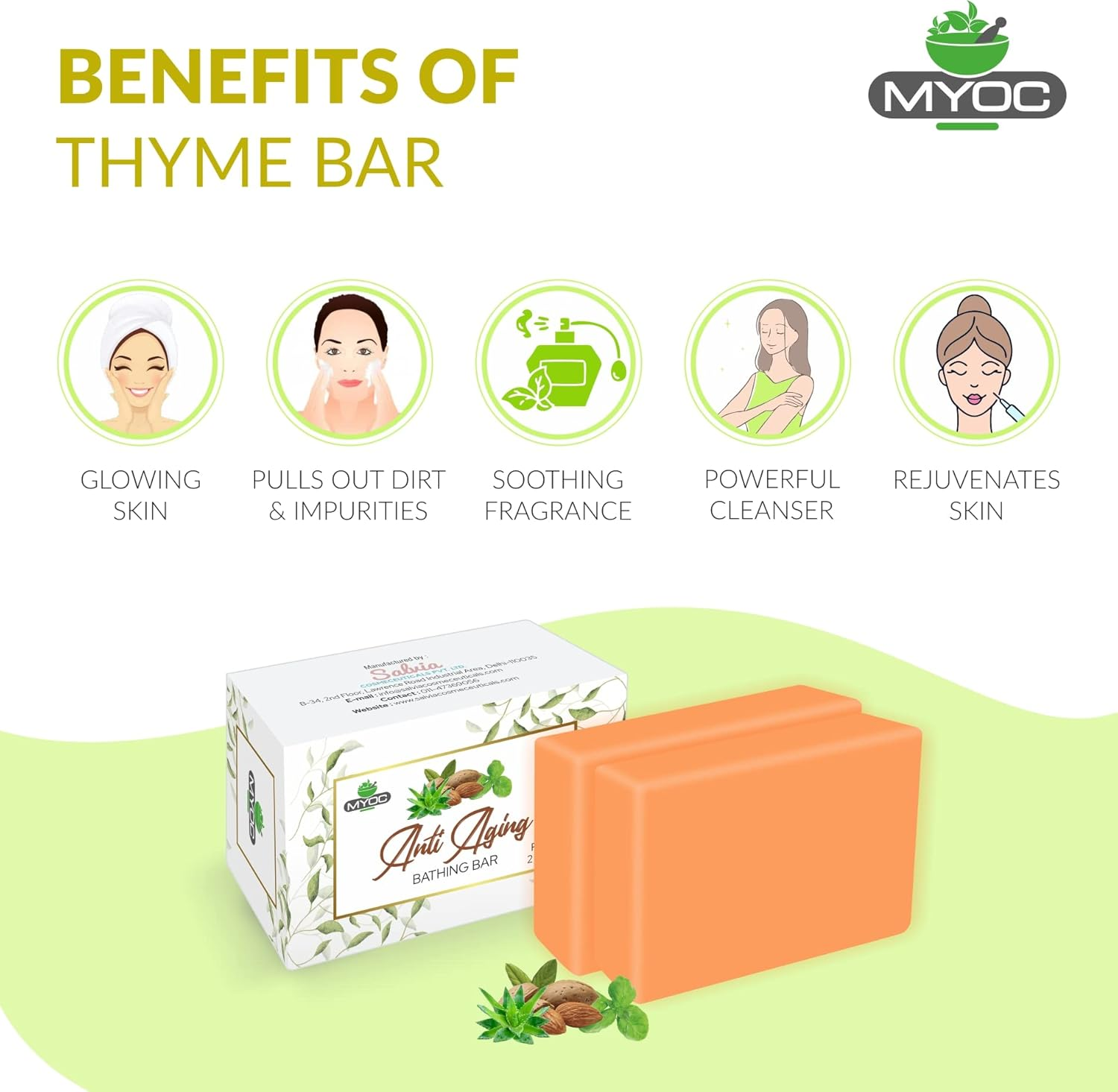 MYOC anti Ageing Bathing Soap with Aloe Vera, Glycerin & Vitamin-E | Minimizes Wrinkles & Fine Lines | Skin Brightening & Moisturizing Cleansing Soap - for Men & Women All Skin Types- 75G (Pack of 2) image number 4