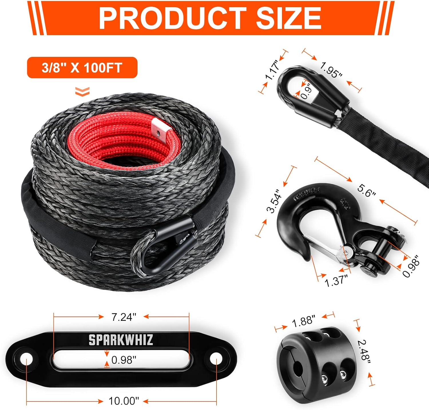 SPARKWHIZ Synthetic Winch Rope Cable Kit, 3/8" X 100 Ft 26500LBS Winch Line Cable with Protective Sleeve+Winch Fairlead+ Stopper+Hook for for 4WD off Road Vehicle Truck SUV ATV UTV image number 2