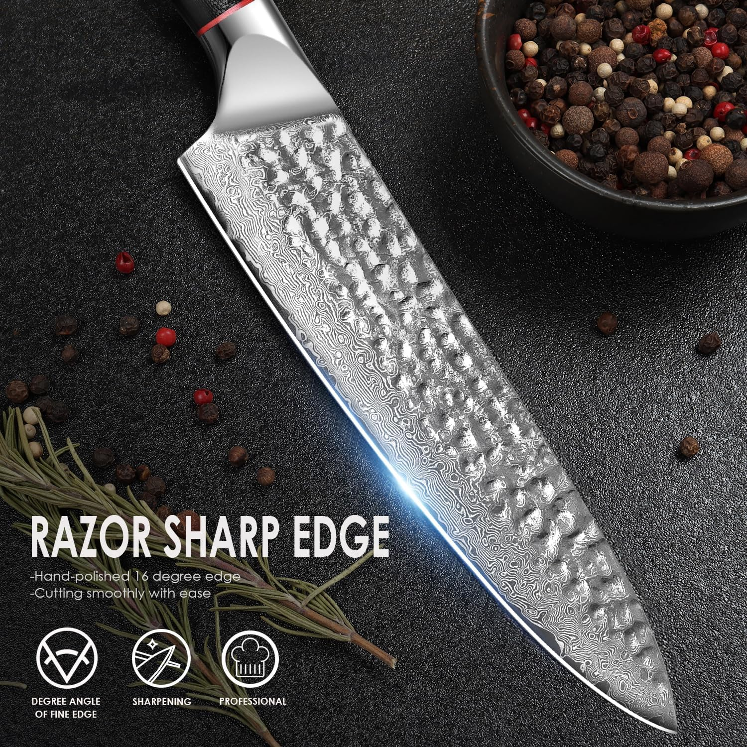 Knife Set 3-Piece Damascus Steel Chef Knife Set &ndash; 8 Inch Razor Sharp Kitchen Knives, 7 Inch Nakiri Knife, 5 Inch Slicing Knife with Ergonomic G10 Handle Cooking Knife Set, Gift Box - Damascus Knife 3-Piece image number 5