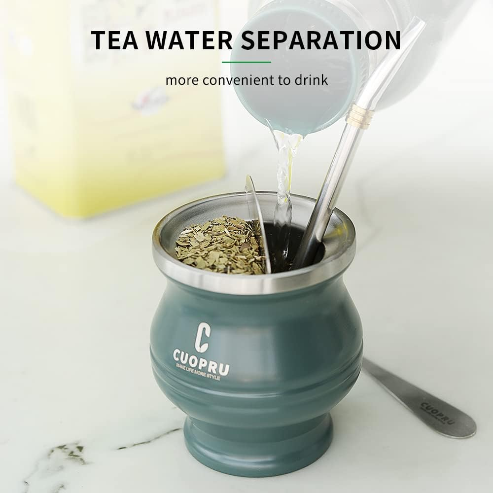 Cuopru Yerba Mate Cup Bombilla - Mate Gourd Set Includes Double Walled Stainless Steel Tea Cup, Tea Shaper Set, Bombilla Straws, Cleaning Brush - Army Green image number 6