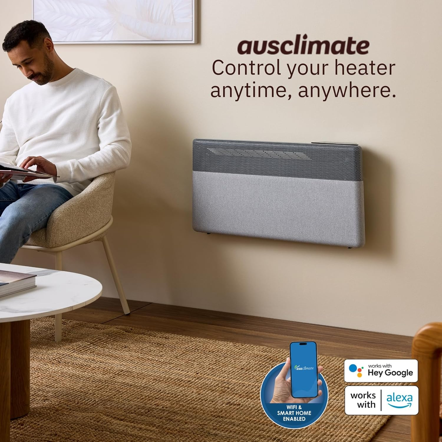 Ausclimate 1500W Smart Inverter Metal Panel Heater, Wall Mountable Home Heater Suitable for Medium-Sized Rooms up to 20M2, Compatible with Alexa and Google Home, Stone Grey image number 2