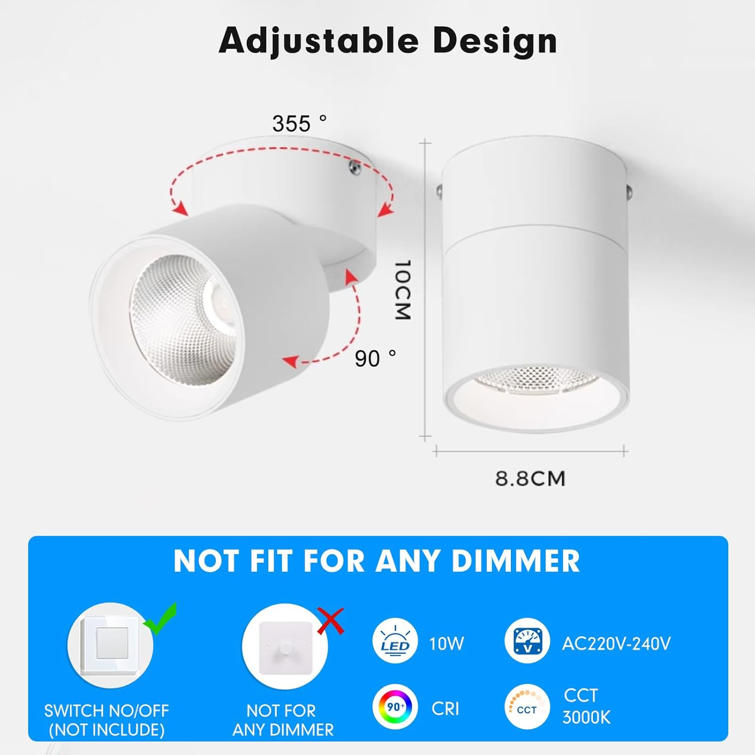 LED Flush Mount Ceiling Spot Light 10W 3000K Warm White Adjustable Tilt Angle Ceiling Light Fixture Indoor White Finish for Picture Art Wall Shop image number 6
