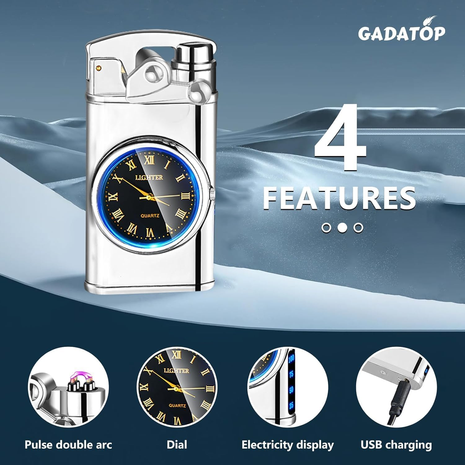 Electric Lighter Personalized Creative Lighter USB Rechargeable Lighter Flameless Lighter Windproof Dual Arc Plasma Lighters with Luminous Real Watch Dial LED (Silver) image number 5