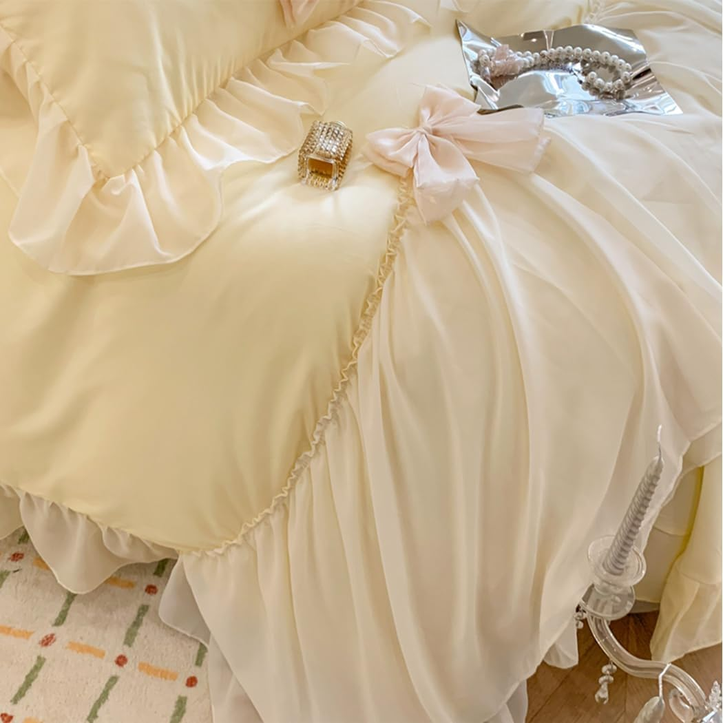 Lace Ruffled Bedding Bow Duvet Cover Set with Butterfly Tie, Soft Brushed Microfiber Shabby Chic Bedding Set with Zipper Closure-Yellow,Queen Size image number 6