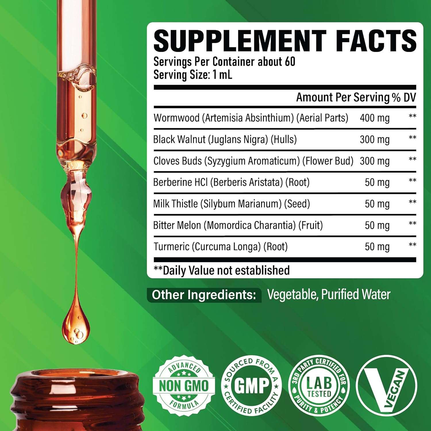 SATOOMI 7In1 Wormwood Liquid Drops with Black Walnut, Whole Cloves, Berberine, Milk Thistle, Bitter Melon and Turmeric - 60Ml for 60 Days image number 1