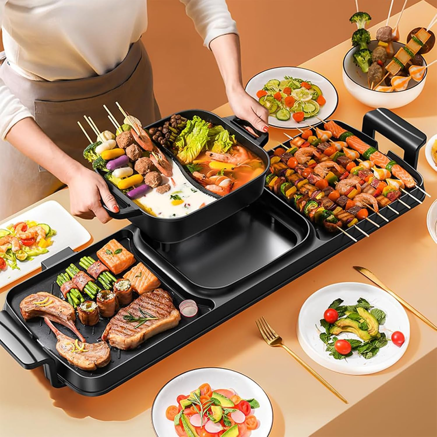 Smokeless Electric Hot Pot & Grill Combo, Large 72X26Cm Non-Stick Design, 3 Adjustable Heat Levels, Easy to Clean image number 4