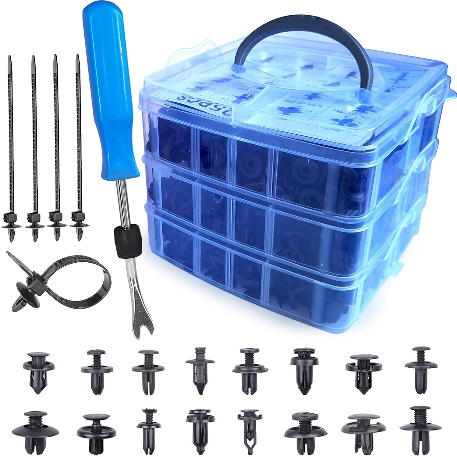625-Piece Car Push Retainer Clips Body Clips Plastic Fasteners Kit 16 Most Popular Sizes Nylon Auto Push Pin Rivets Set with 5 Cable Ties & Remover Tool for Bumper, Fender, Door Trim image number 1