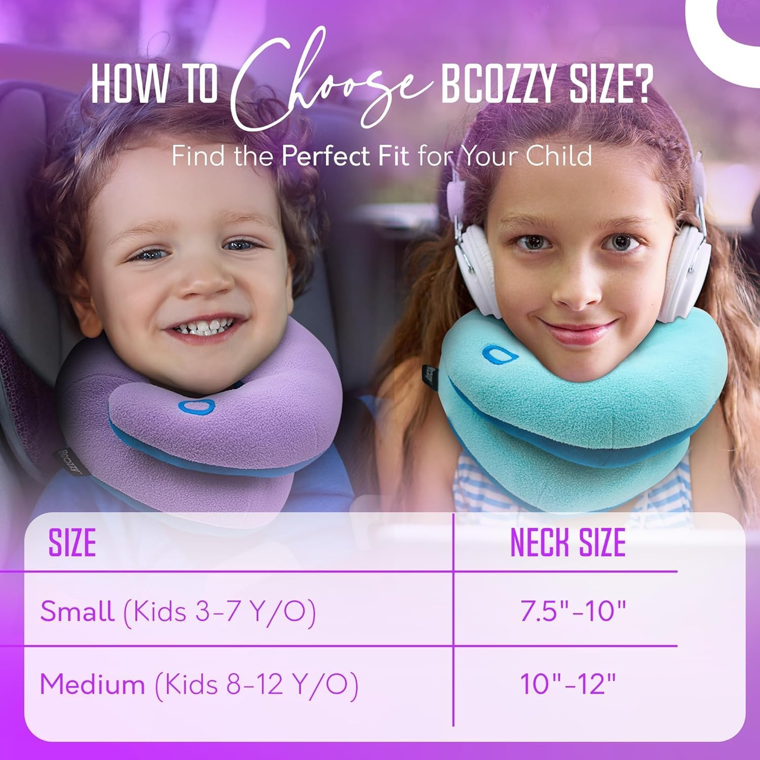 BCOZZY Kids Travel Pillow, Patented Neck & Chin Design That Keeps Childs Head from Bobbing, with New Fastening Feature, Provides Complete Head Support for Comfortable Sleep on the Go. Child, Lilac