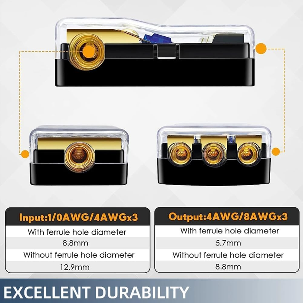 3 Way ANL Fuse Holder, Copper 0/2/4 Gauge to 4/6/8 Gauge 60 Amp Fuse Distribution Block for Car Audio Amplifier Spare Parts