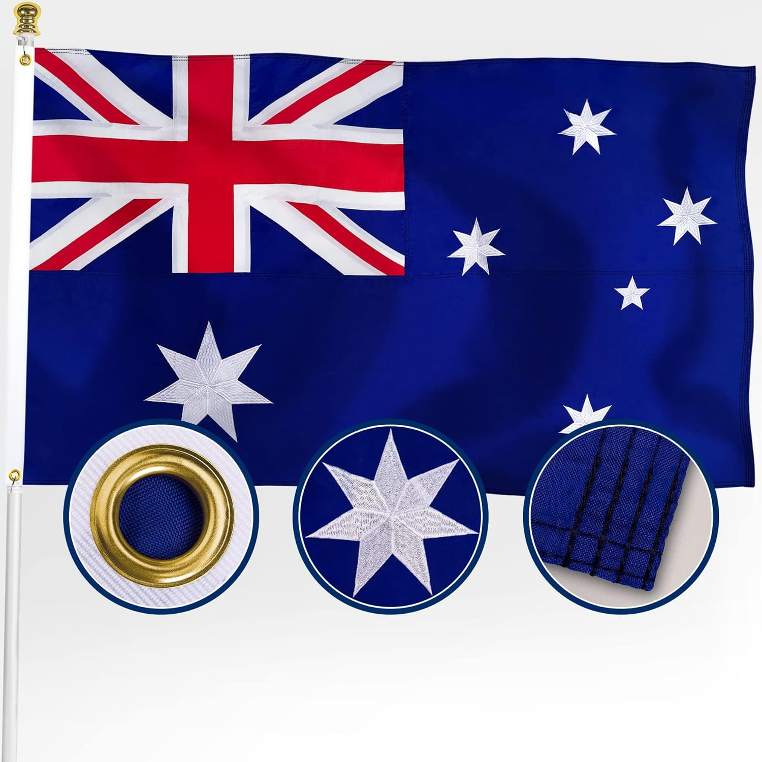Jarlathy Premium Australia Australian Flag 3X5 Outdoor, Double Sided Embroidered Stars, Heavy Duty 210D Nylon Australian National Country Flags, with Sewn Stripes/4 Stitch Hemming/Brass Grommets